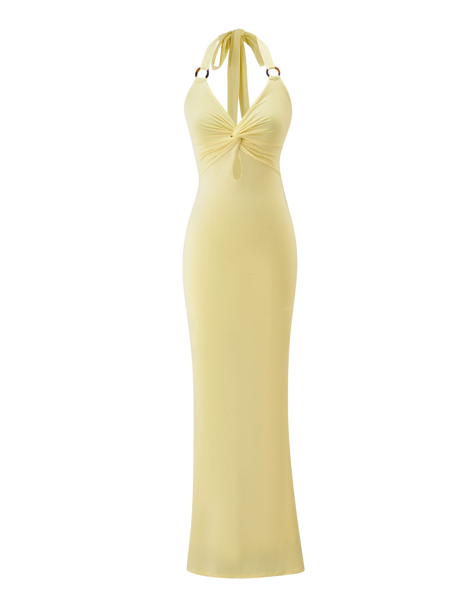 The ZENEVA MAXI DRESS - LEMON by TIGERMIST is a sleeveless, floor-length yellow halter dress in buttery jersey with a knotted bust, fitted silhouette, neck tie, and tortoise shell ring strap details.