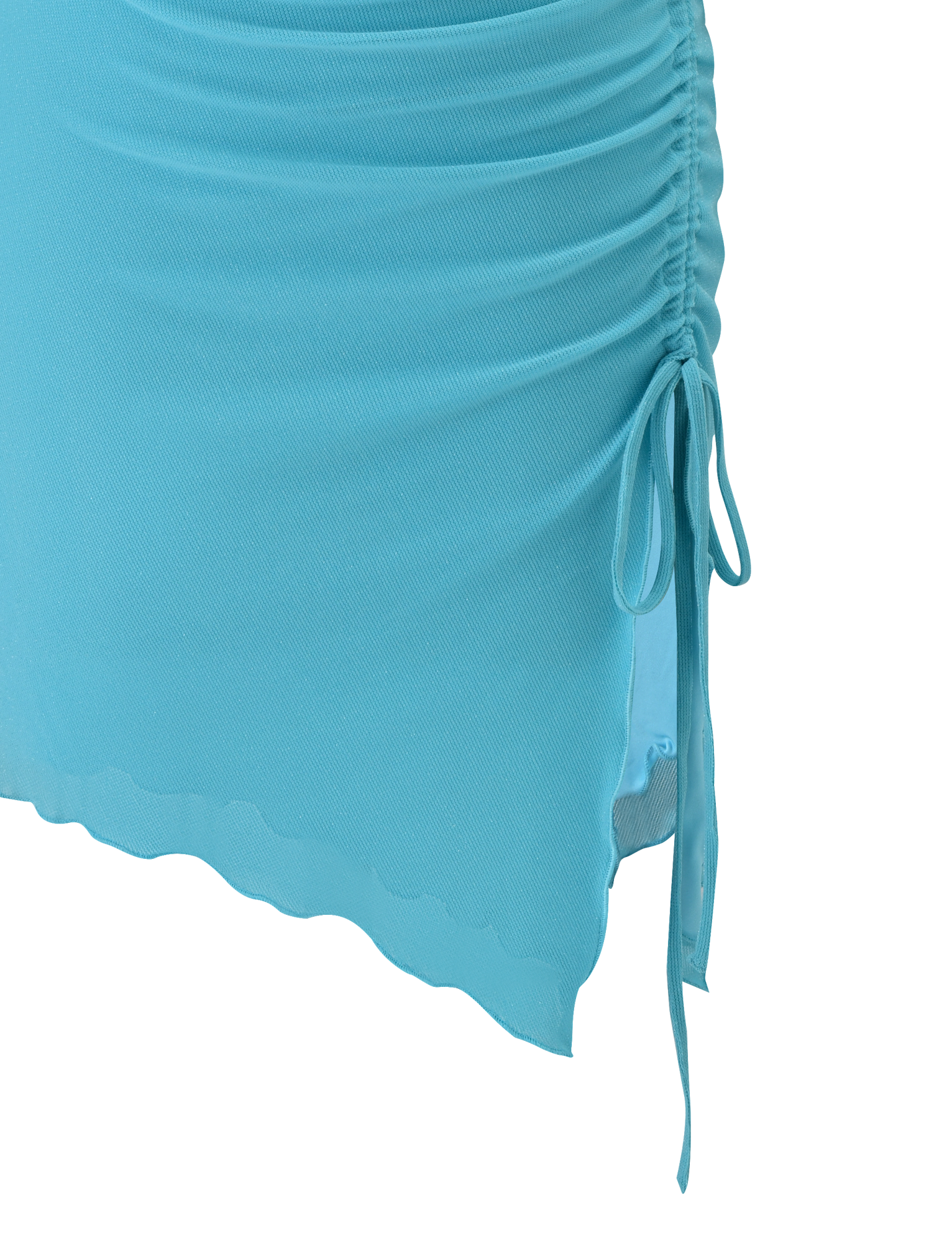 A close-up of TIGERMIST's ELWYN MINI DRESS in blue, featuring light blue ruched fabric, a side drawstring tie, and a wavy asymmetrical hemline.