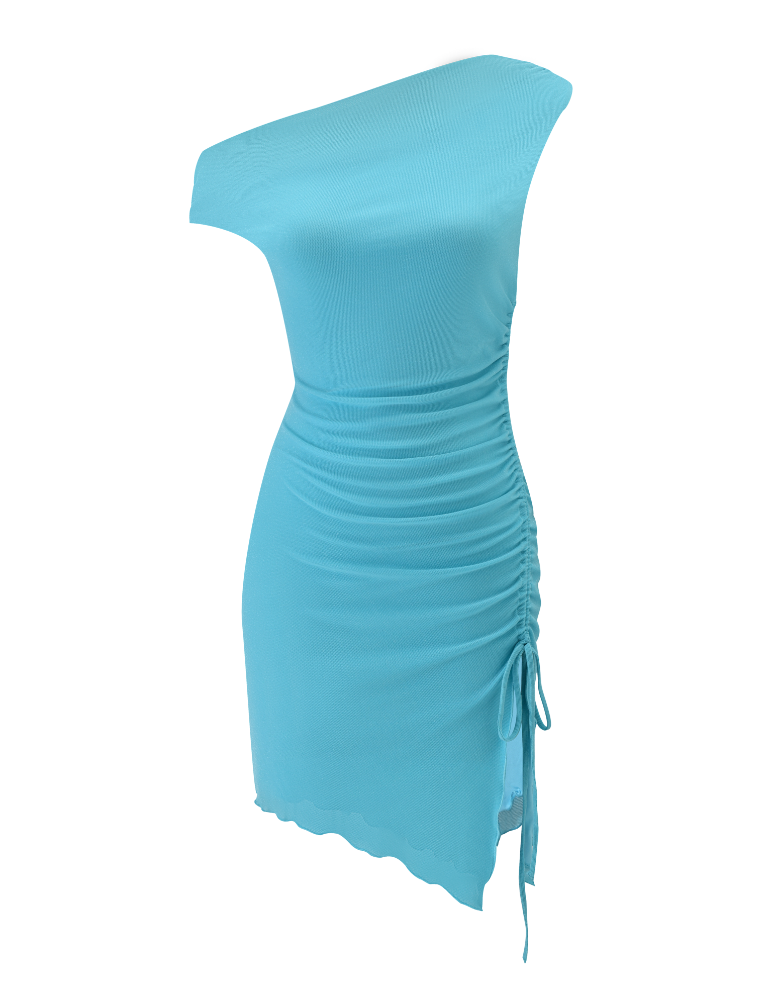 The ELWYN MINI DRESS - BLUE by TIGERMIST features a one-shoulder design, side ruching with a drawstring for a fitted look, smooth stretchy fabric, and an asymmetrical hemline for chic style.