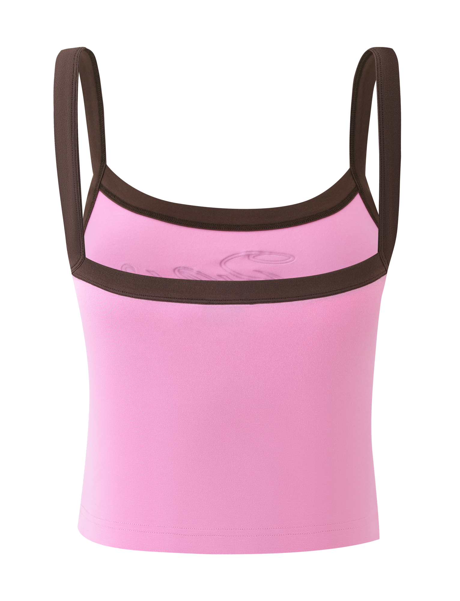 The TIGERMIST MERRYN TANK - PINK is a sleeveless, cropped top with dark brown trim on the straps and neckline, shown against a plain white background.