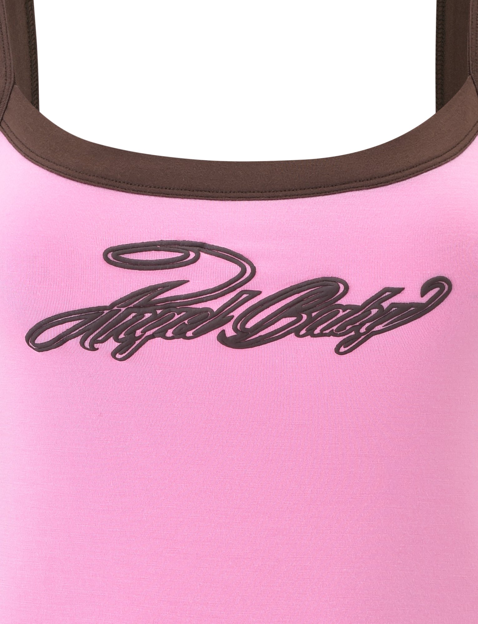 A close-up of the TIGERMIST MERRYN TANK - PINK, a graphic tank with brown trim and "Angel Baby" in black cursive, adding a playful touch to any outfit.