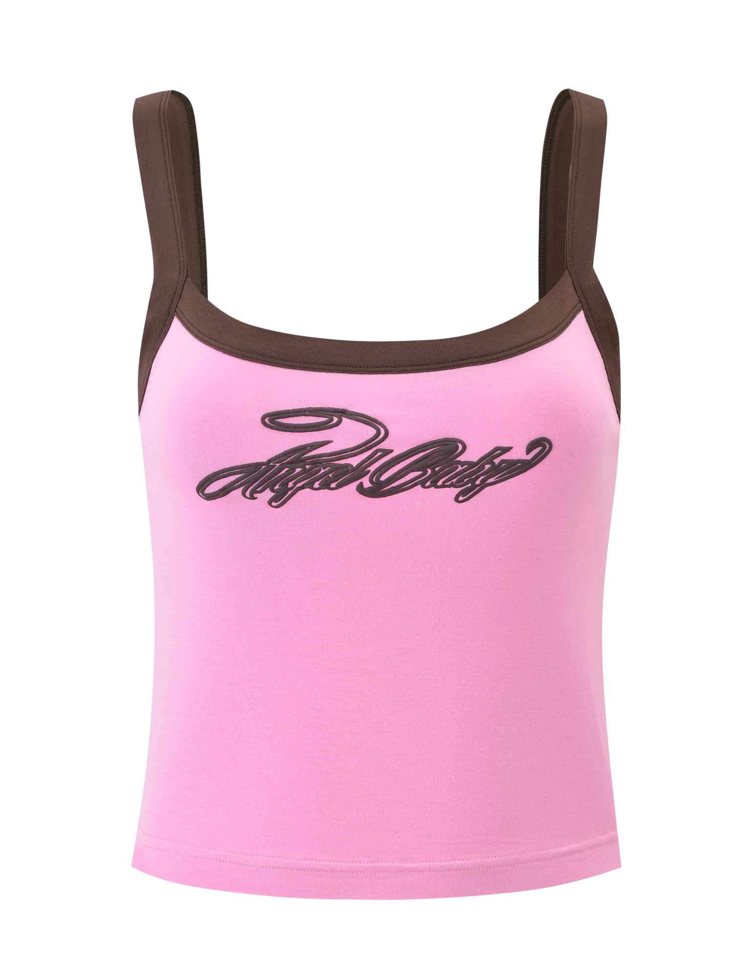 The TIGERMIST MERRYN TANK in pink features wide brown straps, bold black script across the chest, and playful trim—perfect for adding a fun twist to your outfit.