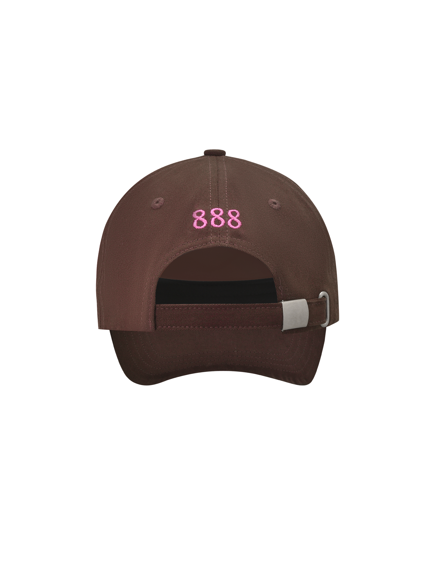 The MERRYN CAP - CHOCOLATE by TIGERMIST is a brown 5-panel hat with "888" embroidered in pink above the adjustable strap and metal buckle at the back.
