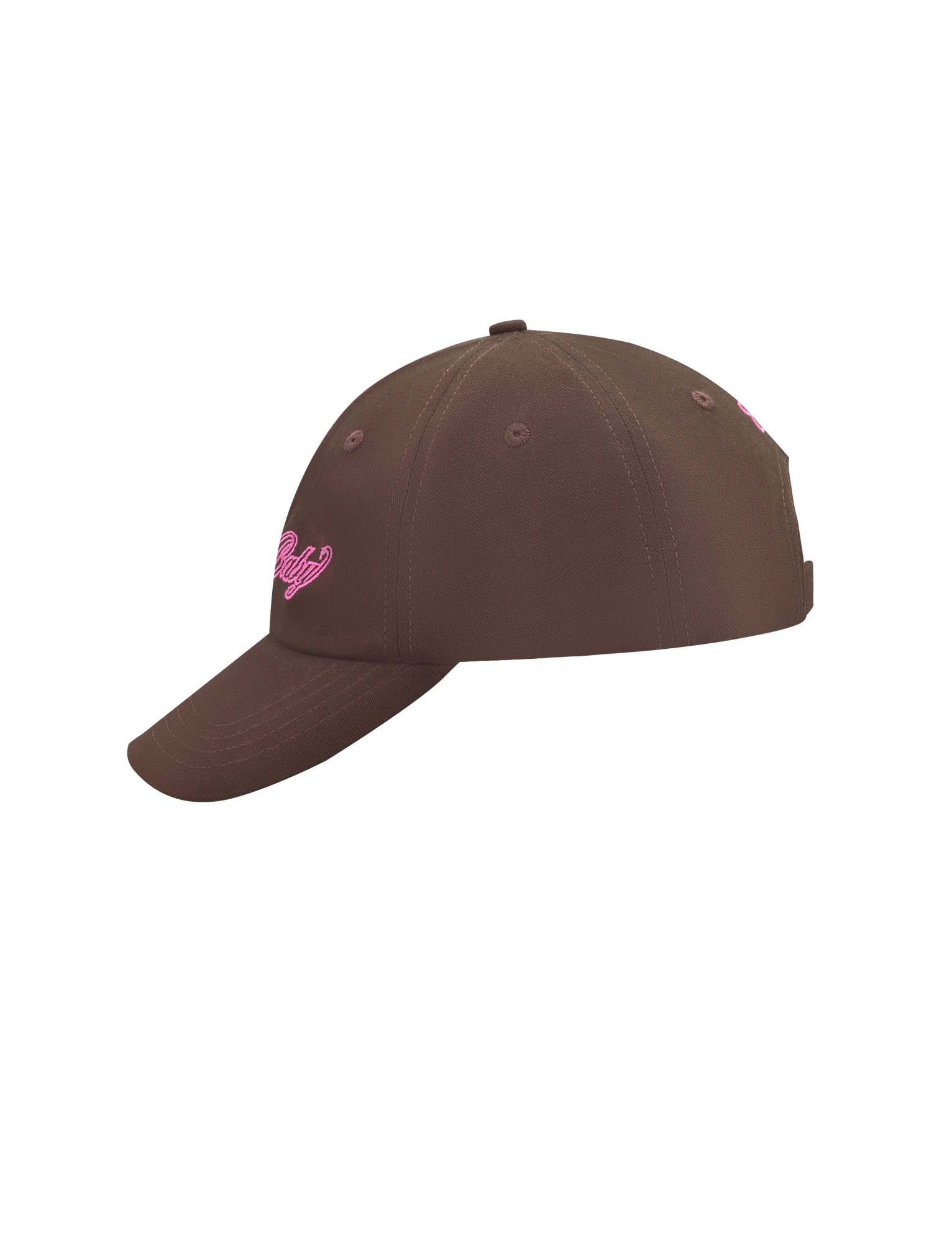 The TIGERMIST MERRYN CAP - CHOCOLATE, a brown 5 panel hat with pink embroidered front text, is displayed from a side angle against a plain white background.