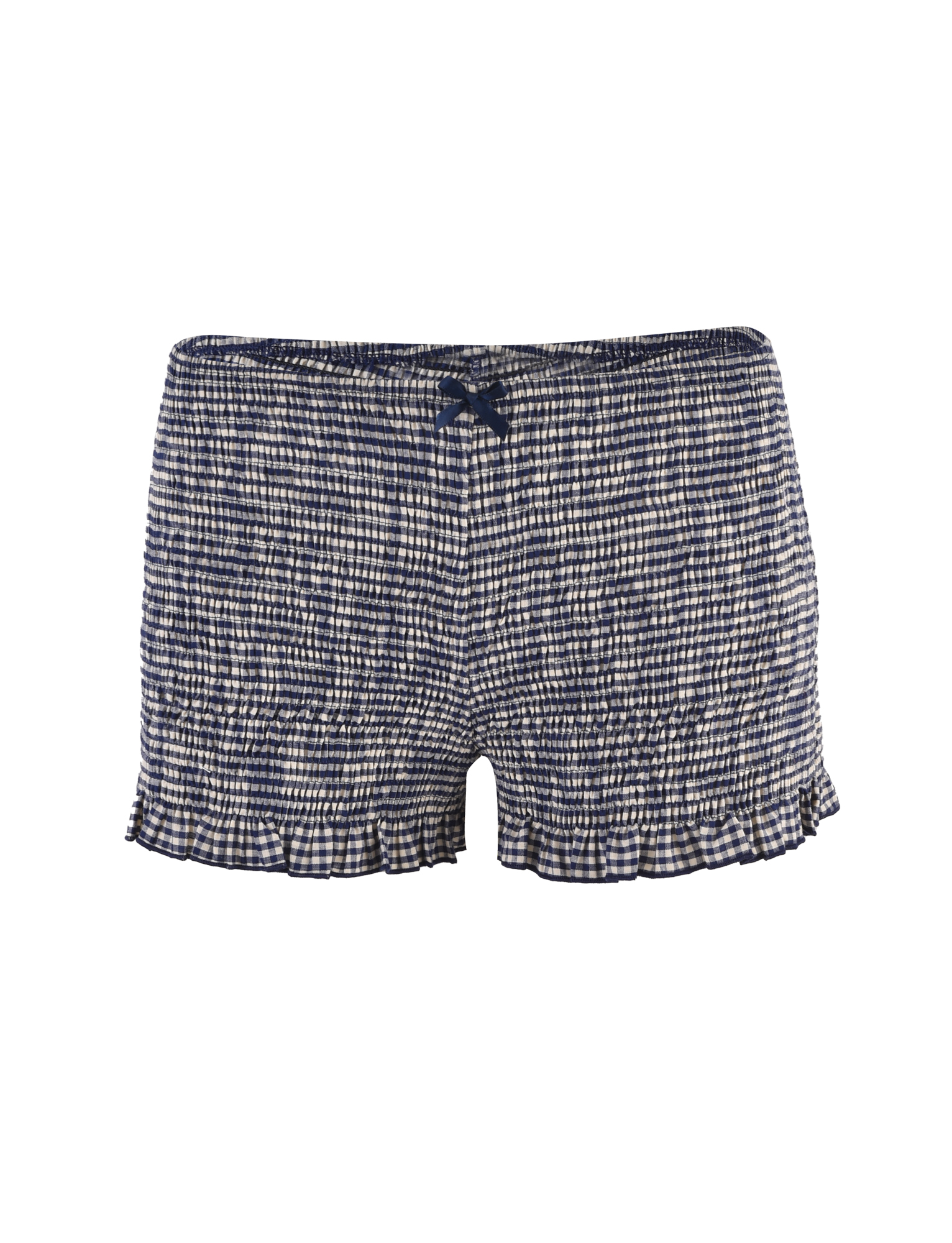 The ERYNN SHORTS - NAVY GINGHAM by TIGERMIST feature blue and white checks, a gathered waistband with a front bow, and ruffled hems for a soft, casual look perfect for effortless style.