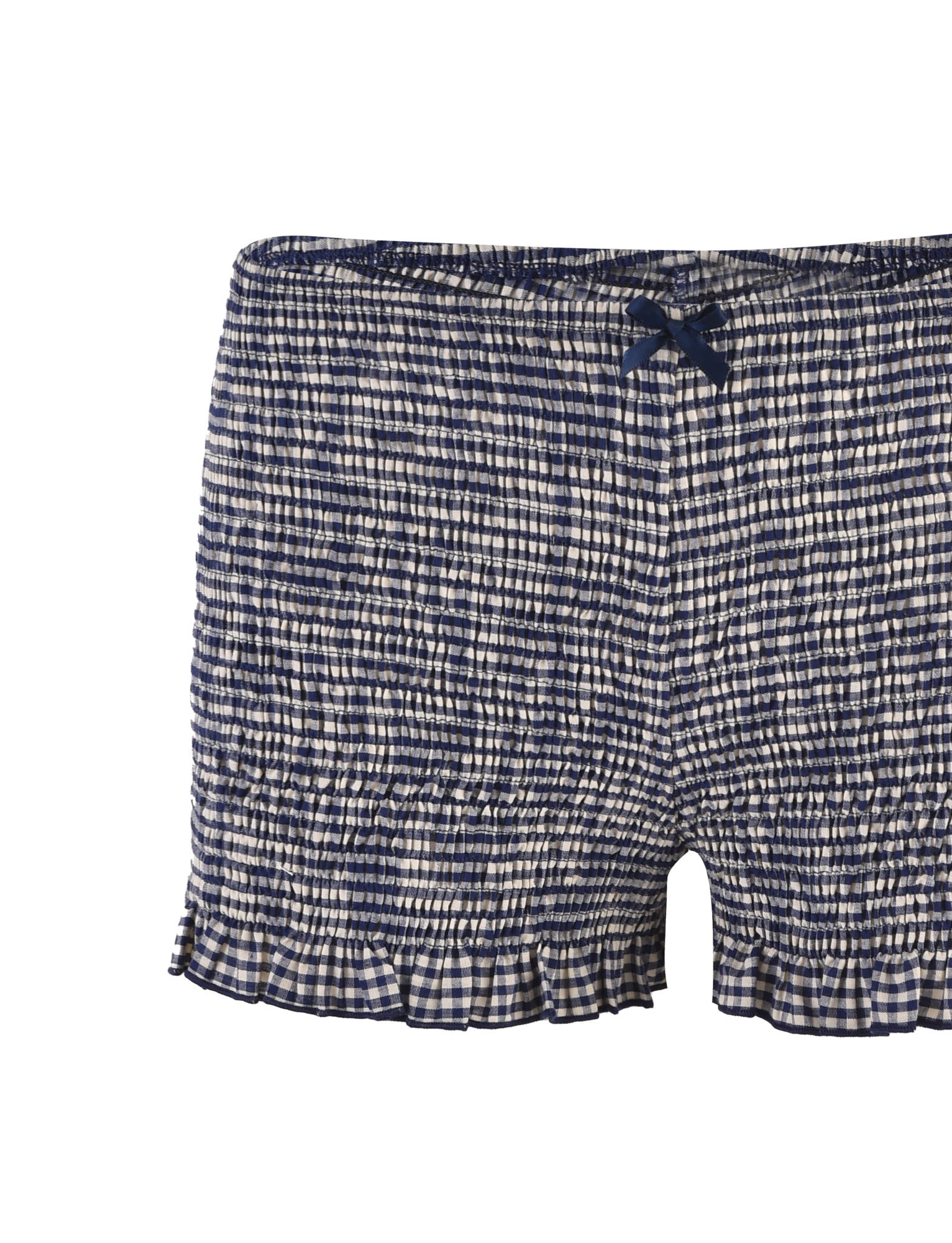The ERYNN SHORTS - NAVY GINGHAM by TIGERMIST feature navy and white gingham, an elastic waistband with a center bow, smocked construction for stretch, and subtle ruffle trim at the hem.