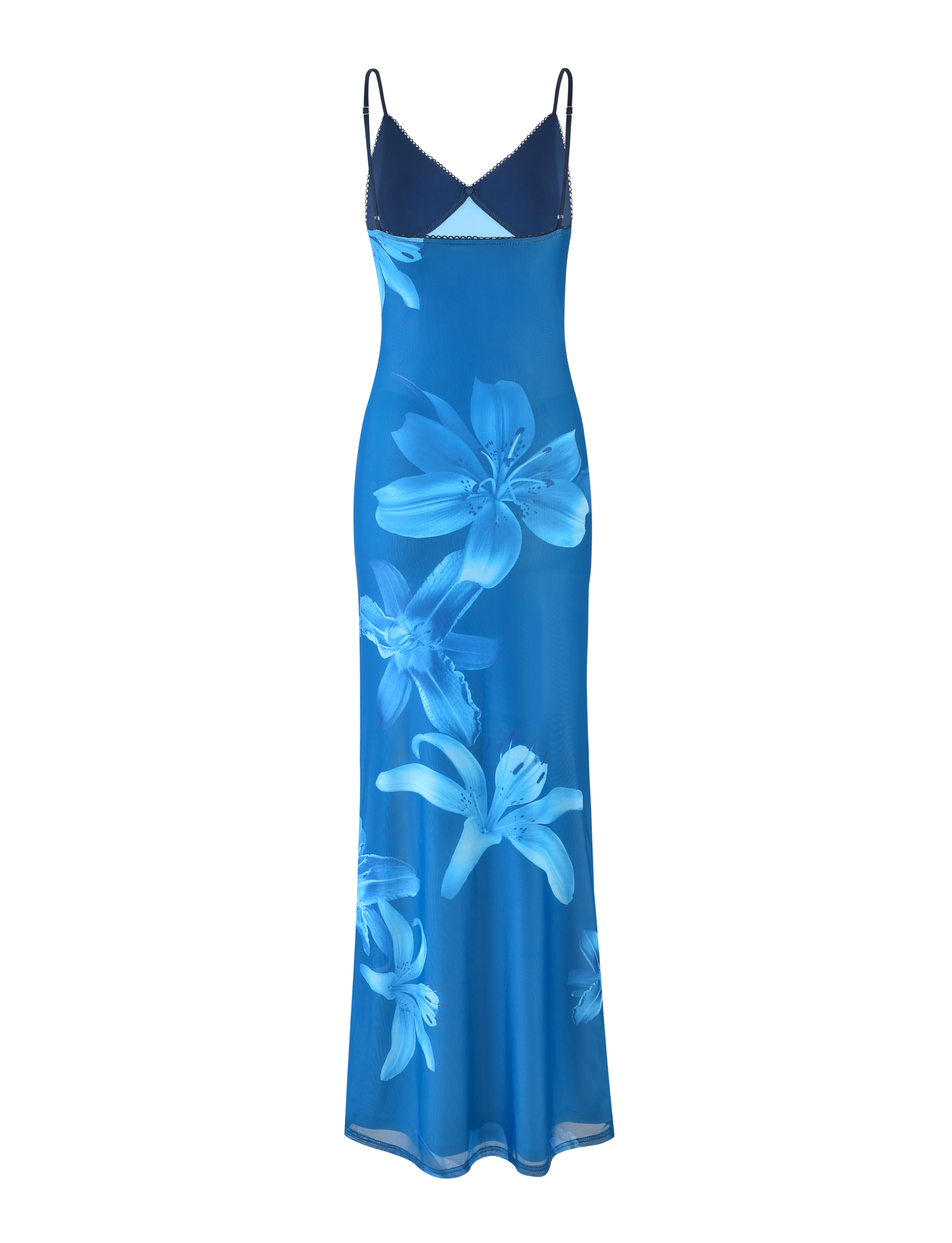 The TIGERMIST ALAINA DRESS - BLUE ORCHID is a sleeveless maxi dress with large light blue floral prints, a V-neckline, adjustable spaghetti straps, and a flowing silhouette—perfect for effortless summer style.