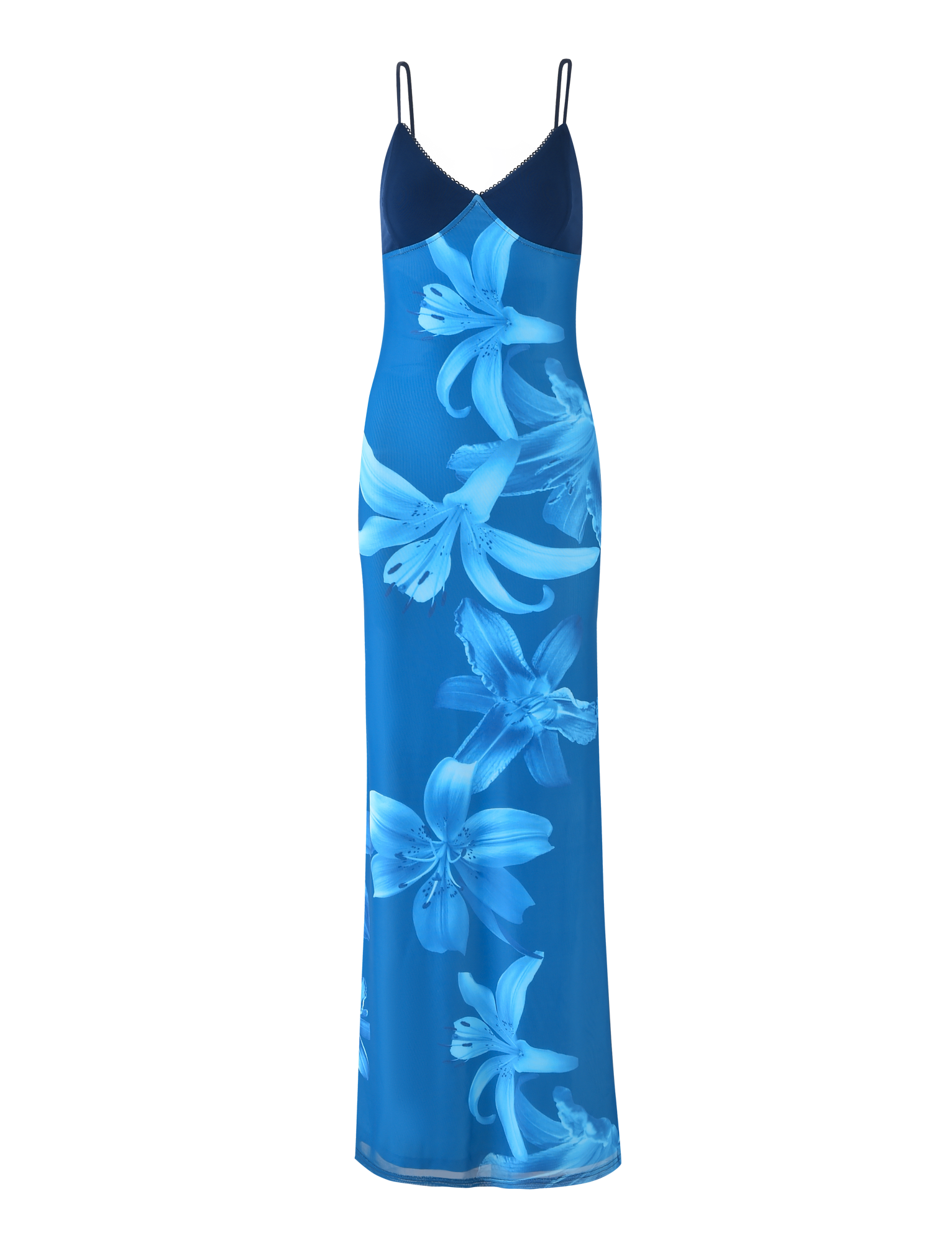 The ALAINA DRESS - BLUE ORCHID by TIGERMIST is a sleeveless, floor-length maxi dress featuring a V-neckline, adjustable spaghetti straps, and bold blue orchid prints—an elegant choice for any occasion.
