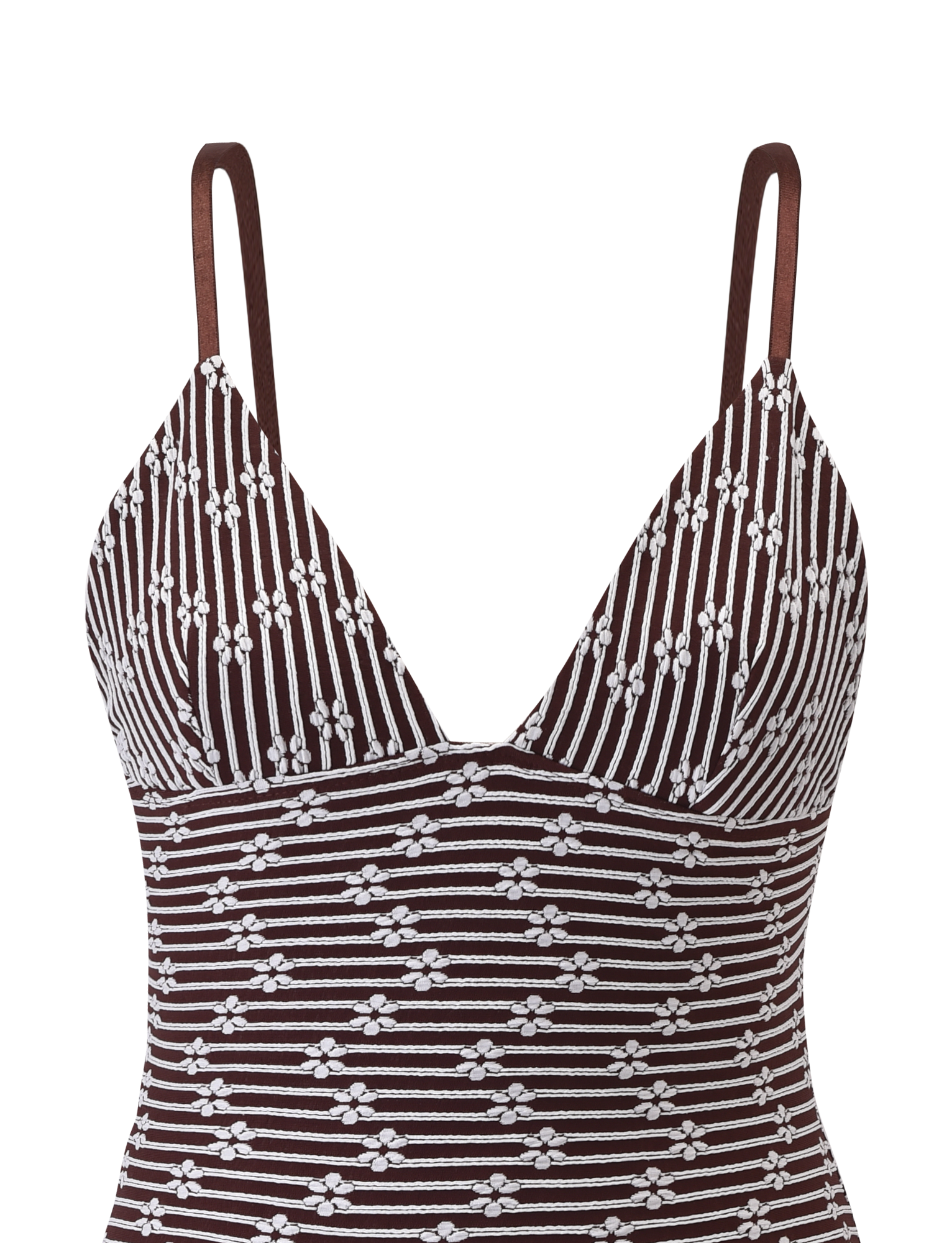 The SAHRA MINI DRESS by TIGERMIST features chocolate brown and white stripes, thin straps, a plunging neckline, and a ribbed floral fabrication.