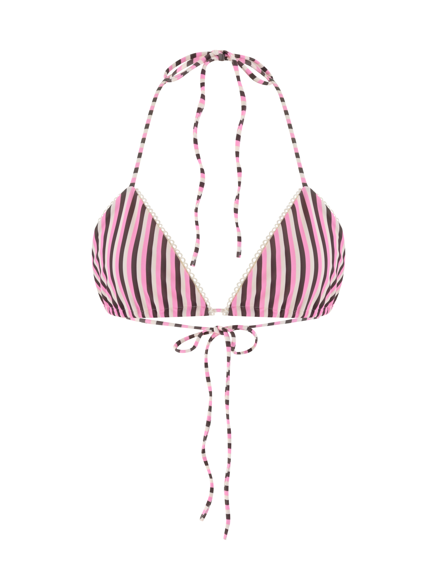 The TIGERMIST DAZZLE BIKINI TOP - STRIPE is a high-stretch halter neck bikini top with pink, black, and white vertical stripes and back tie closures.