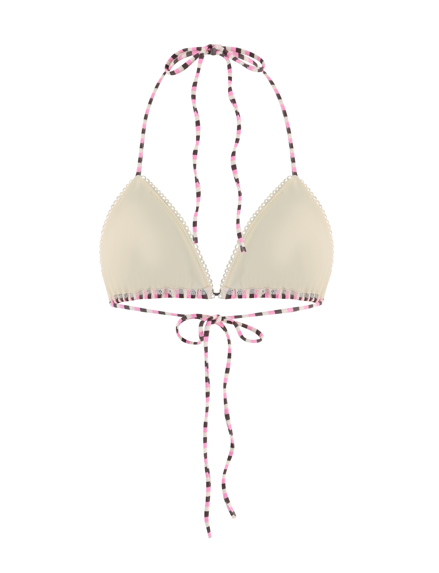 The DAZZLE BIKINI TOP - STRIPE by TIGERMIST features cream-colored triangle cups, white trim, pink-and-black striped tie strings, and is crafted from high-stretch fabric for comfort and a flattering fit.