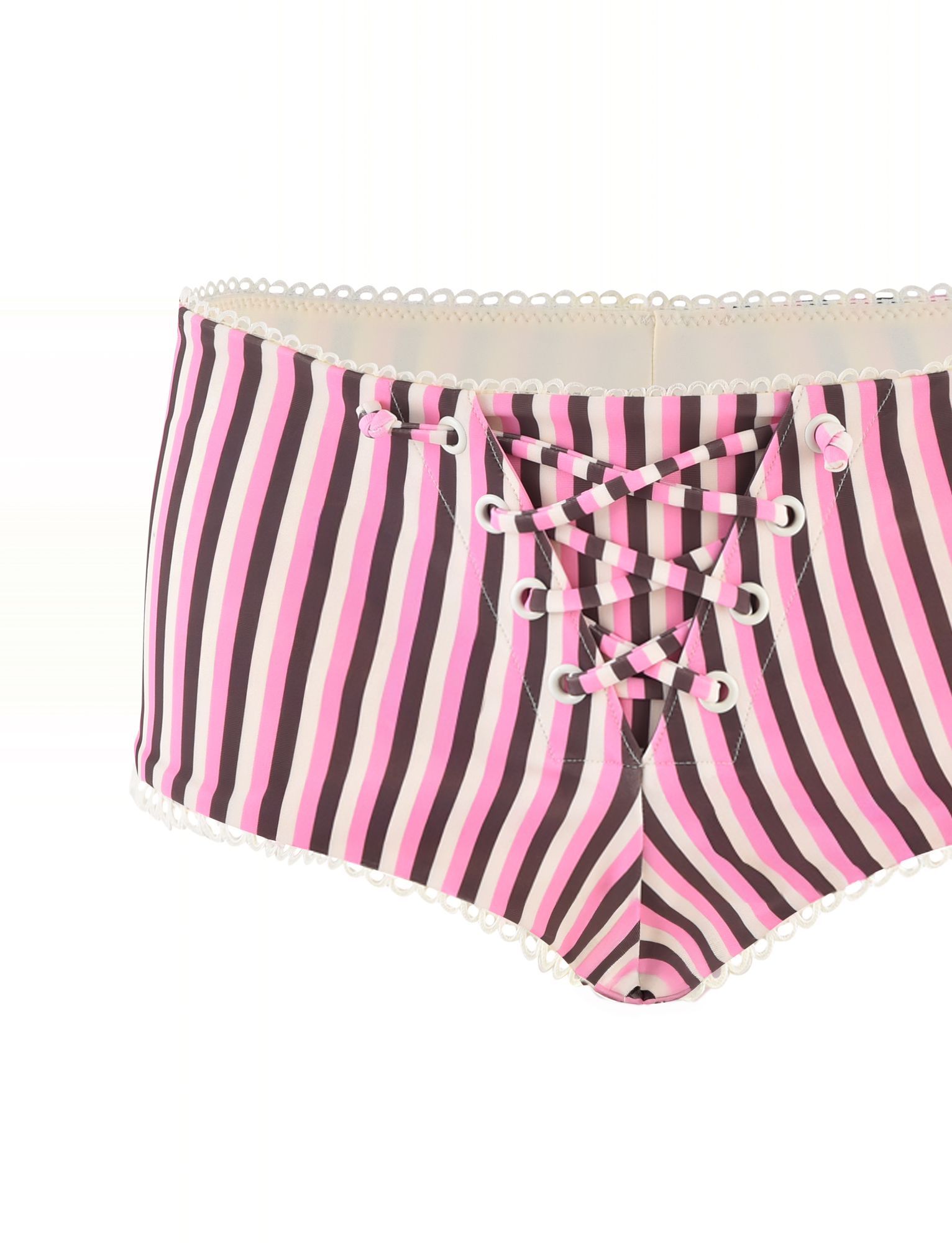The DAZZLE BIKINI BOTTOM - STRIPE by TIGERMIST is a high-waisted bikini bottom with vertical pink, black, and white stripes, a front lace-up design with white laces, and scallop lace trim.