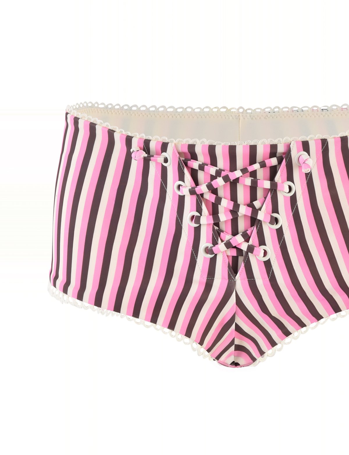 The DAZZLE BIKINI BOTTOM - STRIPE by TIGERMIST is a high-waisted bikini bottom with vertical pink, black, and white stripes, a front lace-up design with white laces, and scallop lace trim.