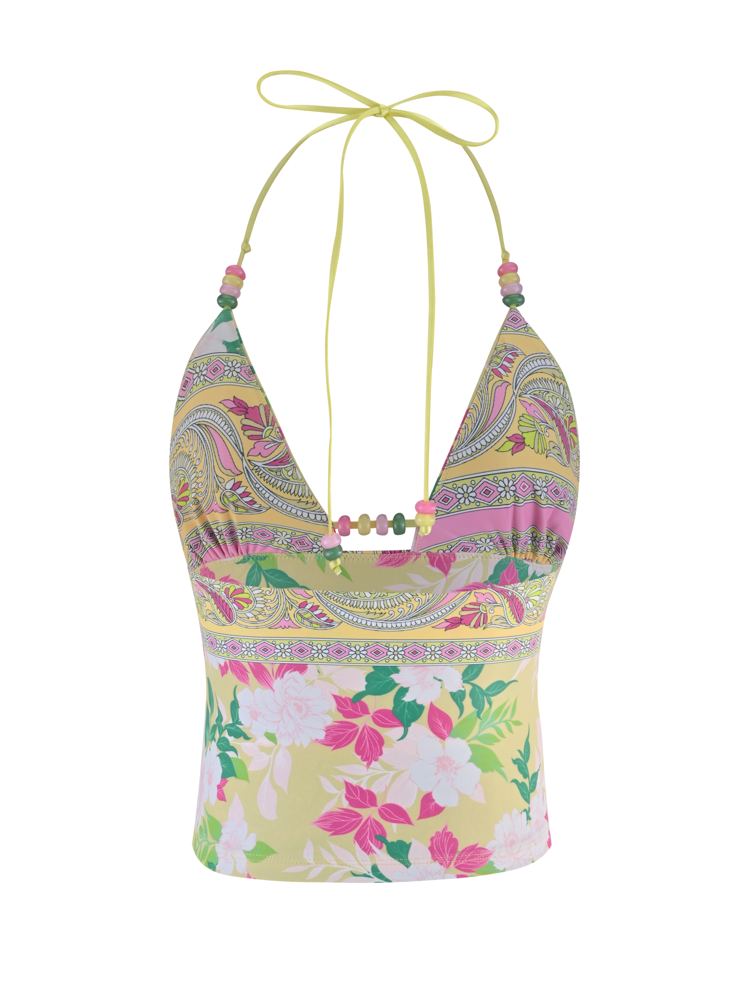 The TIGERMIST FINLEA TANKINI TOP - PAISLEY BORDER features a colorful halter-neck with a pink, yellow, and green paisley bust, and a light yellow section adorned with pink and white flower prints and green leaves.