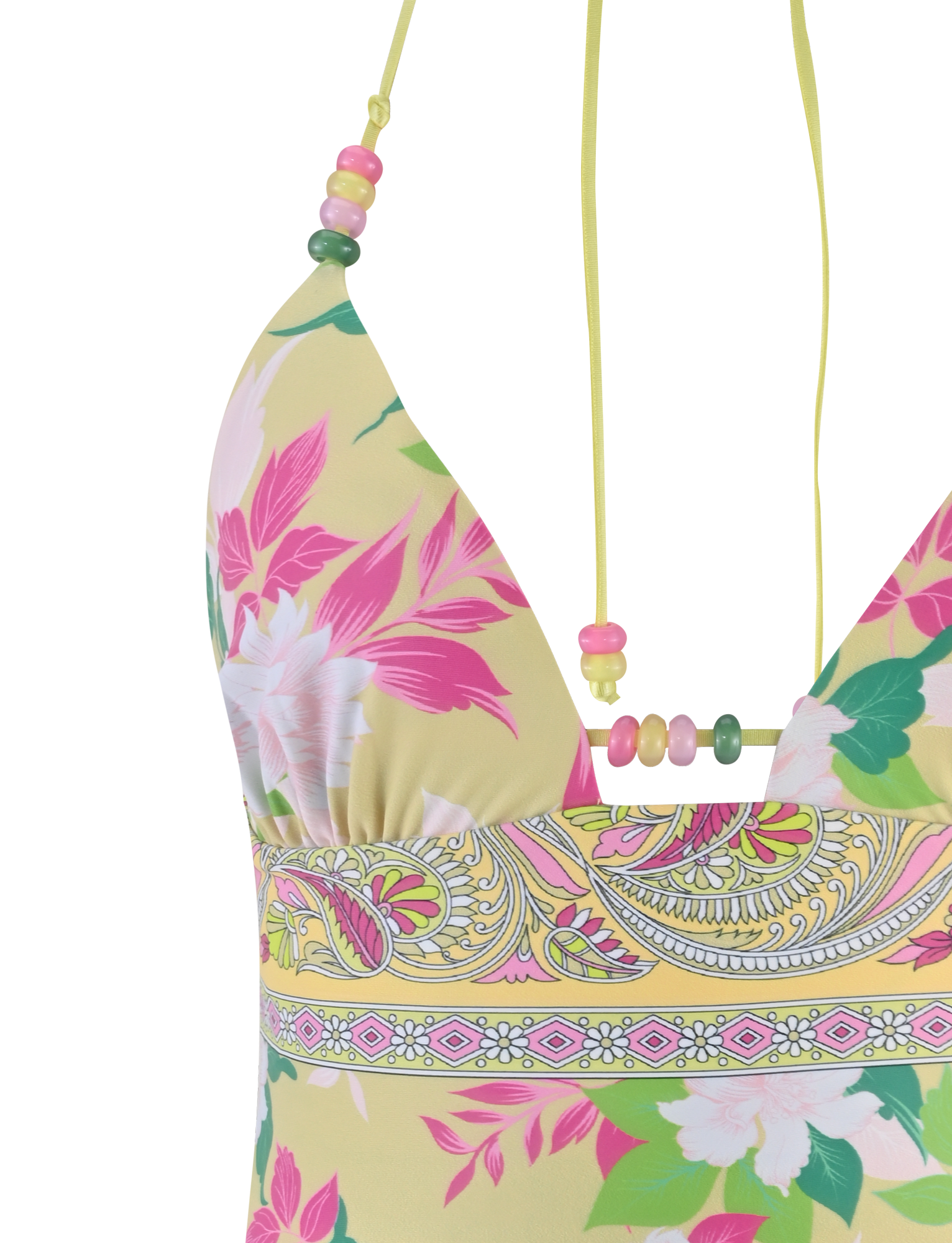 The FINLEA TANKINI TOP by TIGERMIST features a yellow paisley border print with pink and white florals and pastel beaded halter neck straps.