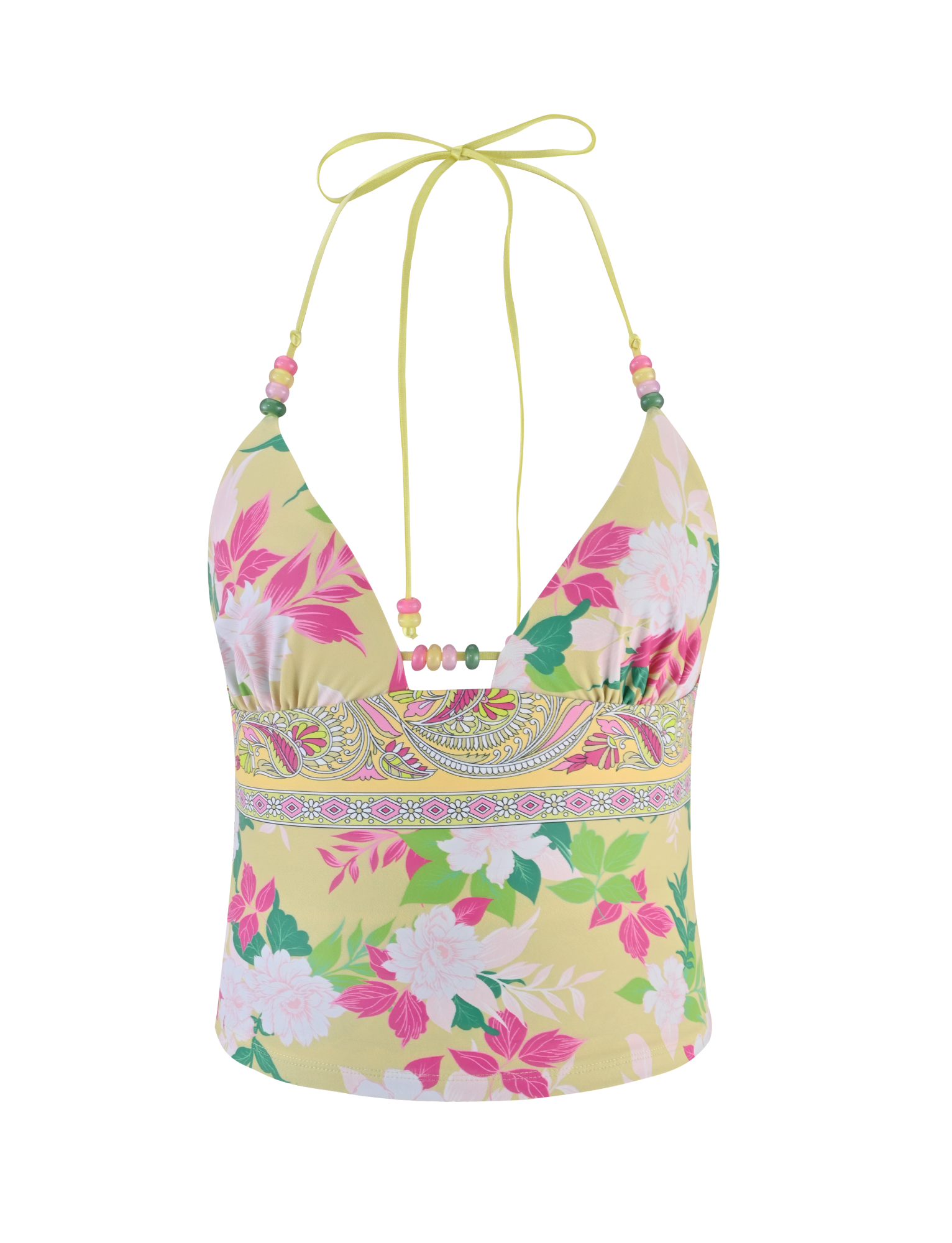 The TIGERMIST FINLEA Tankini Top - Paisley Border is a yellow halter-neck swim top with a pink, green, and white paisley floral print, deep V-neckline, gathered bust, and a decorative band for added flair.