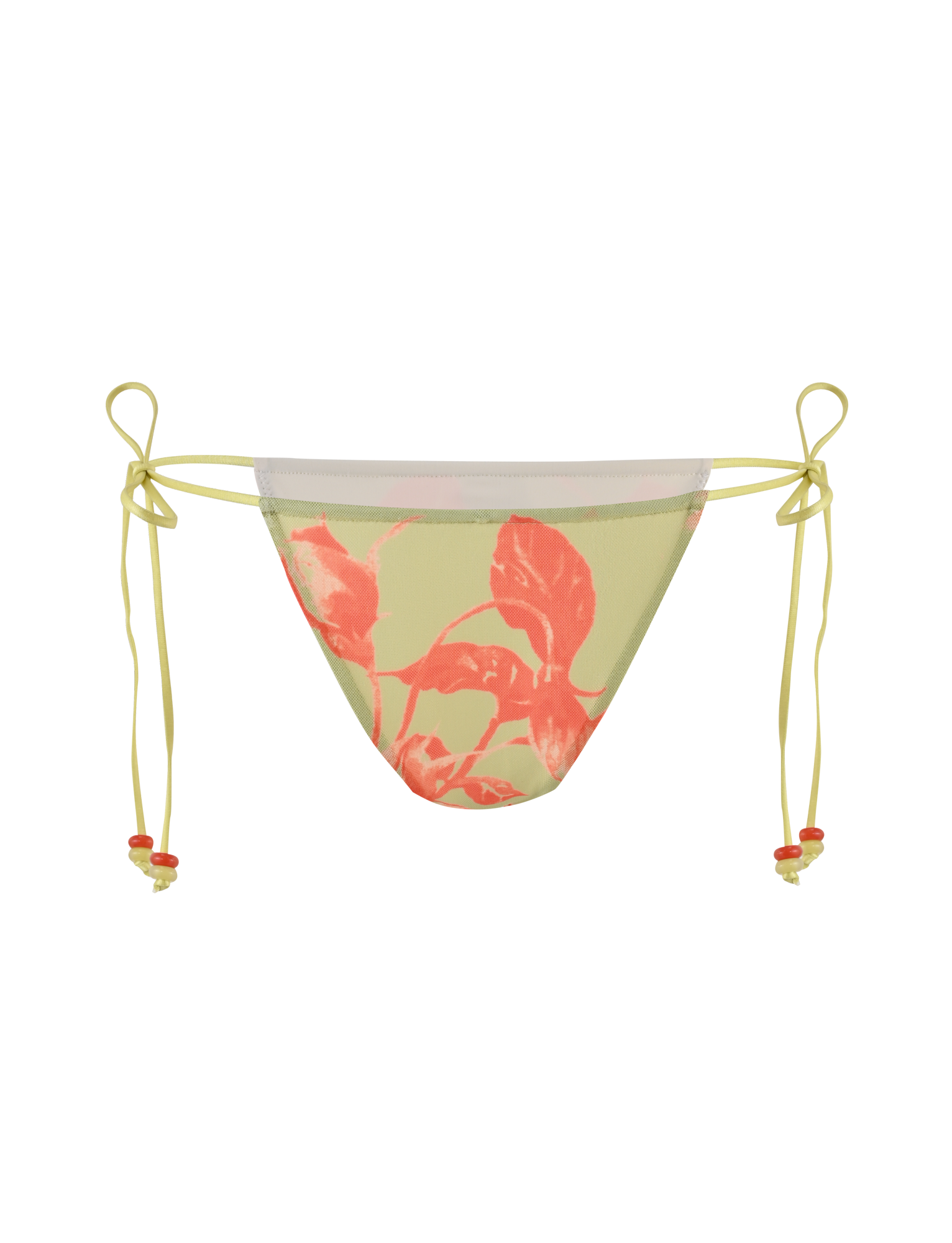 The TIGERMIST AVE 2PC BIKINI BOTTOM - POP FLORAL features a light yellow base with a red-orange leaf print and adjustable side ties detailed with red and yellow beads, offering a playful twist on the classic floral bikini.