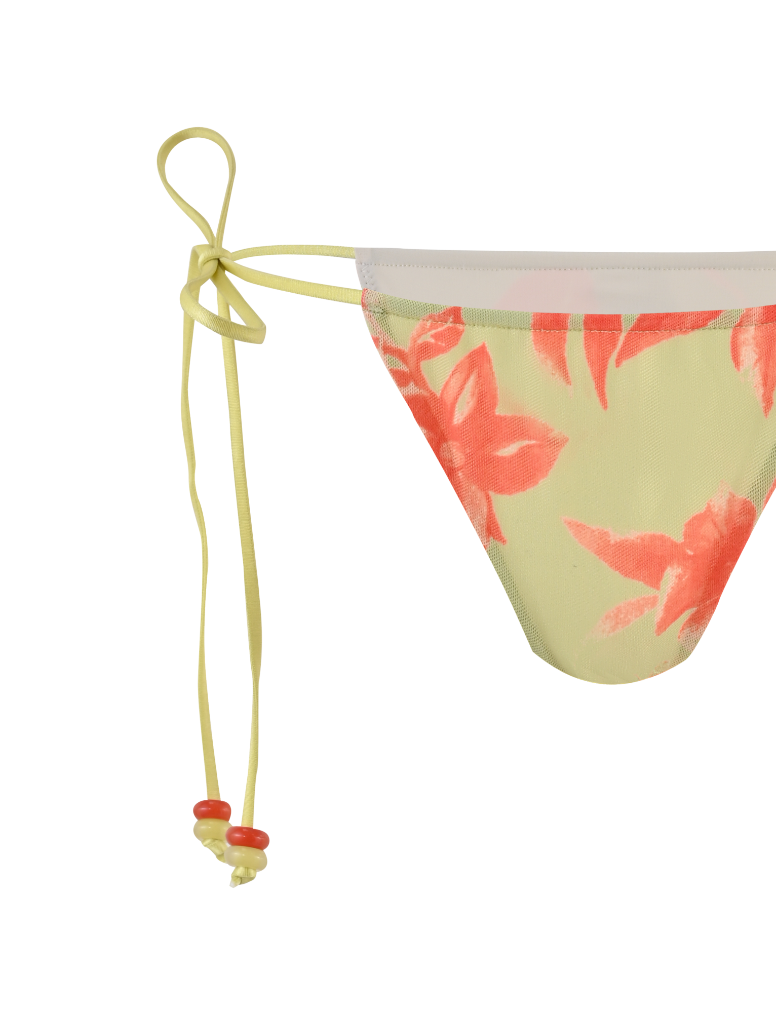 Close-up of the TIGERMIST AVE 2PC BIKINI BOTTOM - POP FLORAL, a yellow floral bikini bottom with pink prints, cheeky coverage, and adjustable side ties with red beads. Only one side is shown against a plain background.
