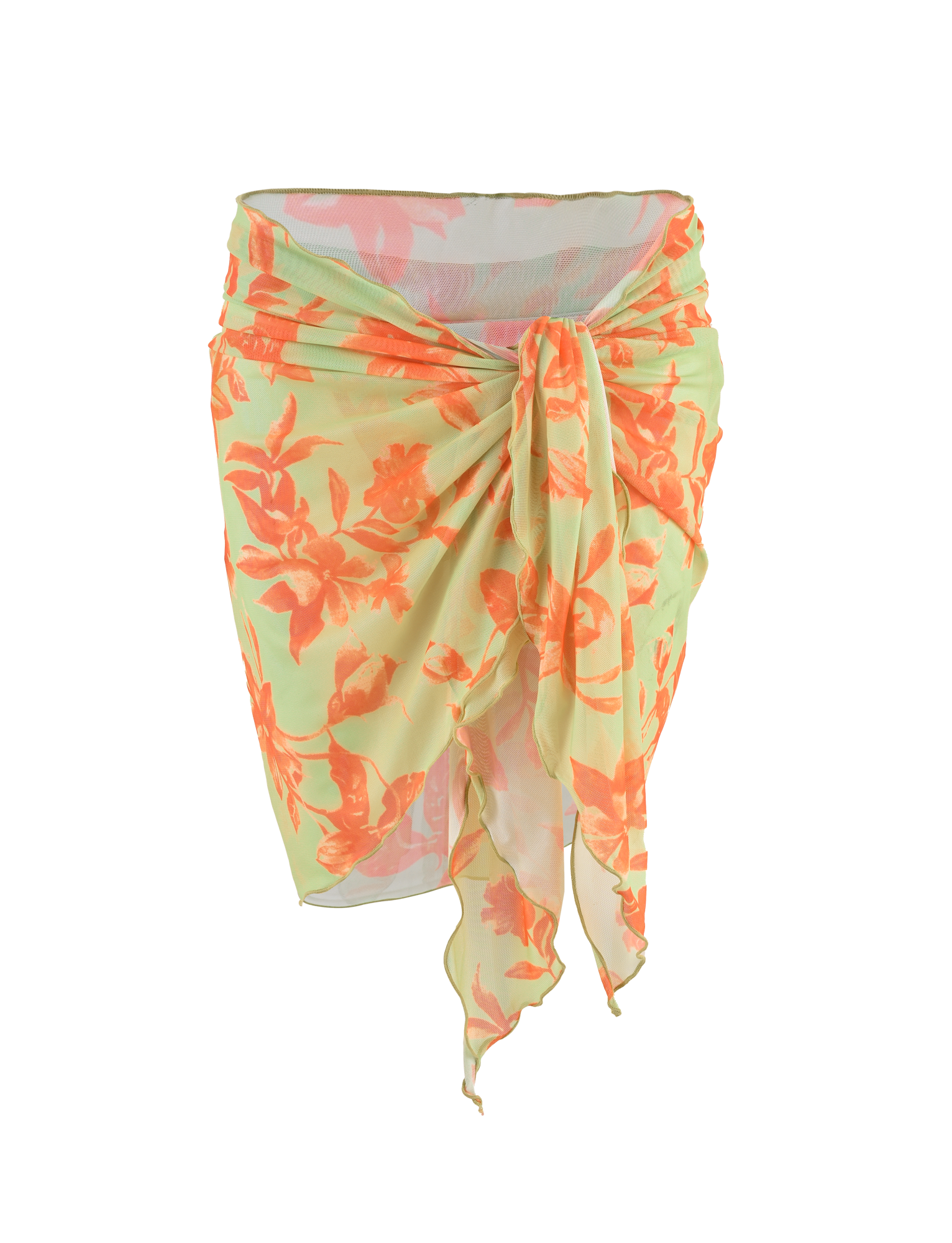A sheer, light yellow sarong with an orange floral pattern knotted at the front pairs perfectly with the TIGERMIST AVE 2PC BIKINI BOTTOM - POP FLORAL for a breezy beachwear or summer look.