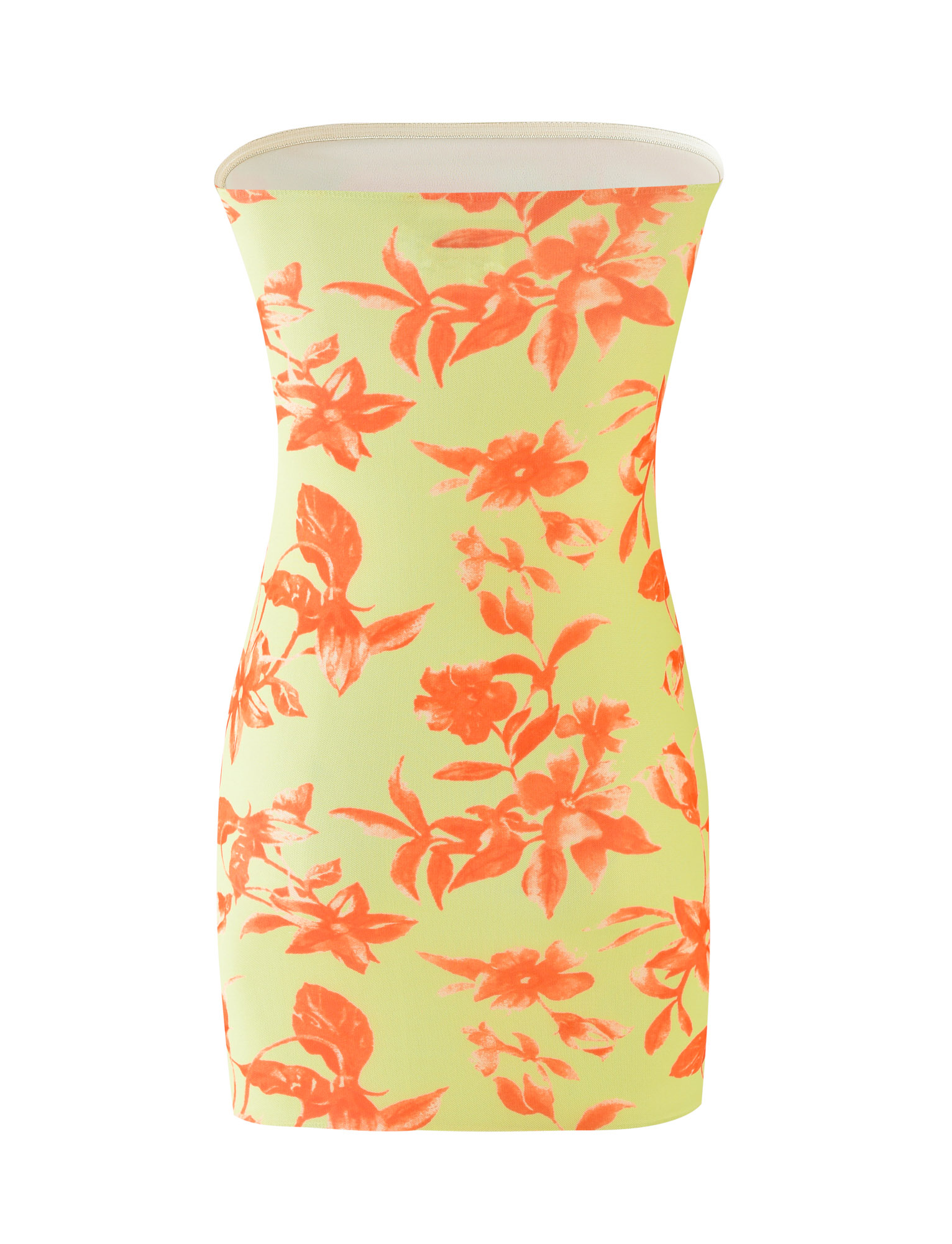 The ZALINA MINI DRESS - POP FLORAL by TIGERMIST is a strapless, fitted mini dress with a bodycon silhouette, straight neckline, smooth texture, and features a bright orange floral print on a light yellow background.