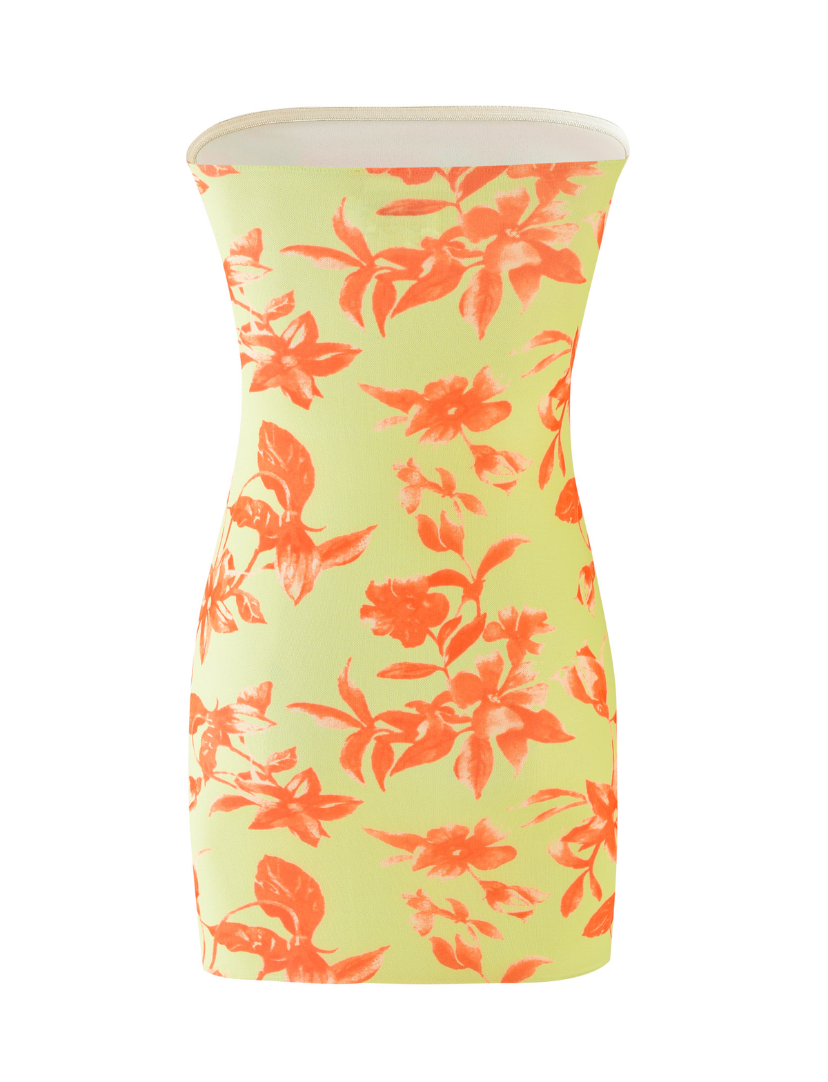The ZALINA MINI DRESS - POP FLORAL by TIGERMIST is a strapless, fitted mini dress with a bodycon silhouette, straight neckline, smooth texture, and features a bright orange floral print on a light yellow background.