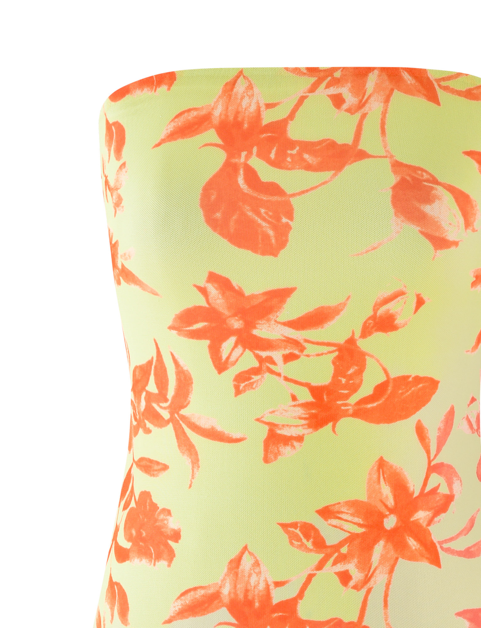 Close-up of the ZALINA MINI DRESS - POP FLORAL by TIGERMIST, featuring a strapless bodycon fit with a pale yellow base and bold orange floral print. Only the upper torso is shown, highlighting its detailed pattern.