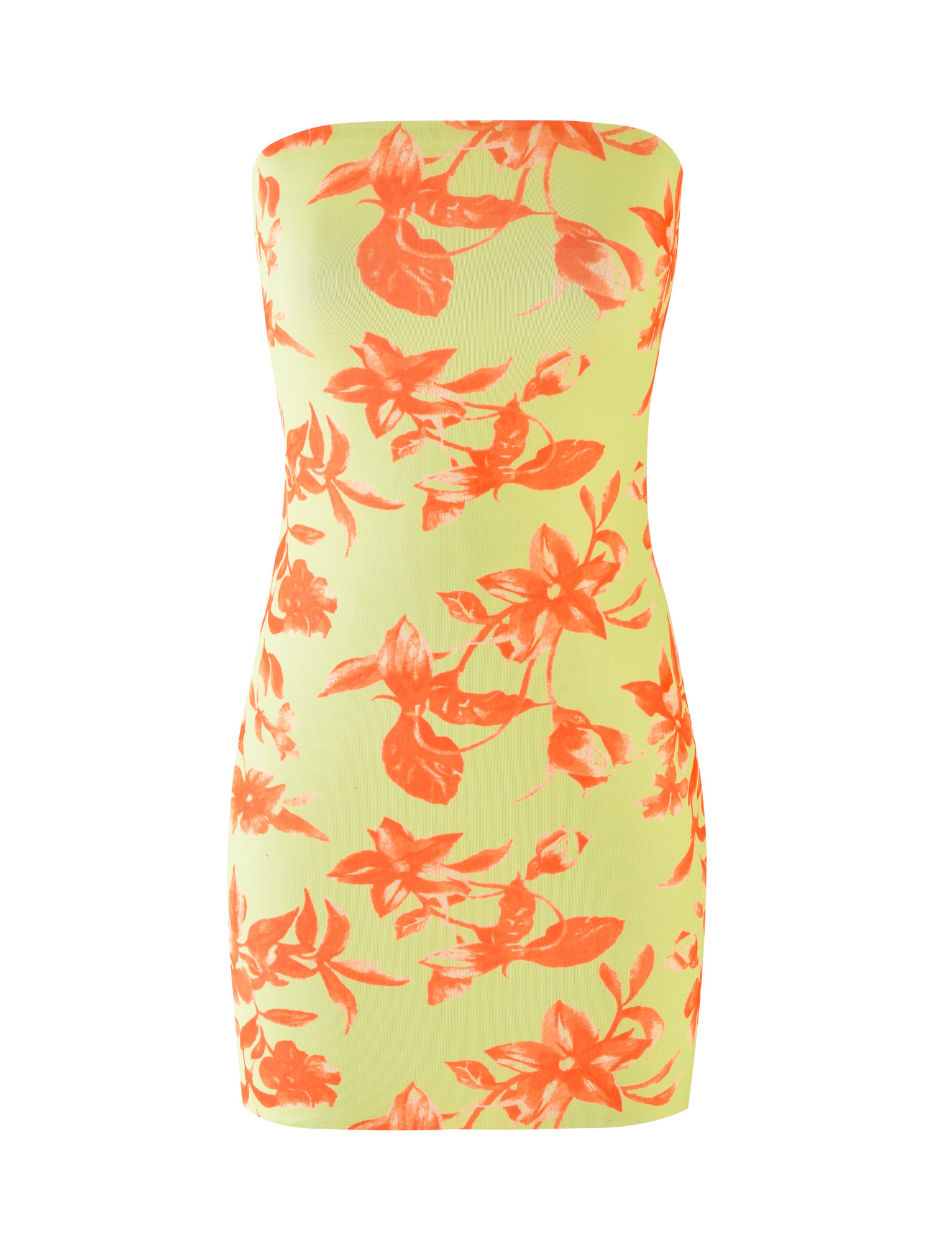 The ZALINA MINI DRESS - POP FLORAL by TIGERMIST is a strapless, mesh bandeau mini with a yellow-green base, vivid orange floral print, smooth texture, and a simple bodycon fit for a figure-hugging silhouette.