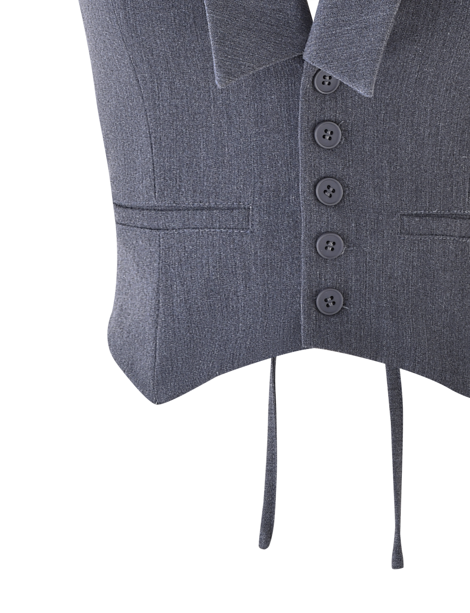 Close-up of the TIGERMIST FEDRA VEST - GREY, featuring a tailored fit, five buttons, two front pockets, adjustable straps hanging down, and a matching bow tie partially visible at the top.
