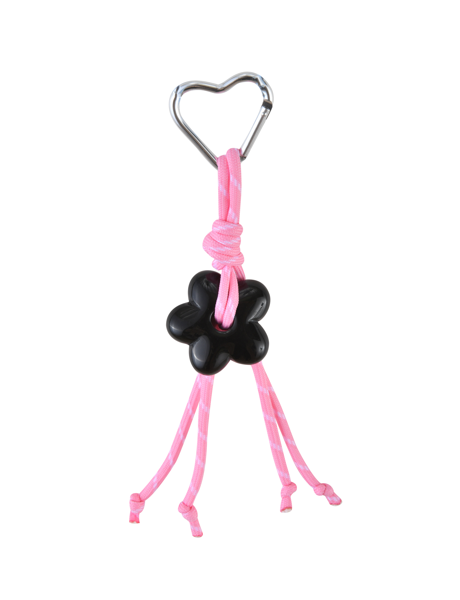 The TIGERMIST MIRIAM KEYCHAIN - HOT PINK features a metal heart clasp, pink cord, black flower-shaped bead, and four pink cord strands, shown isolated on a white background.