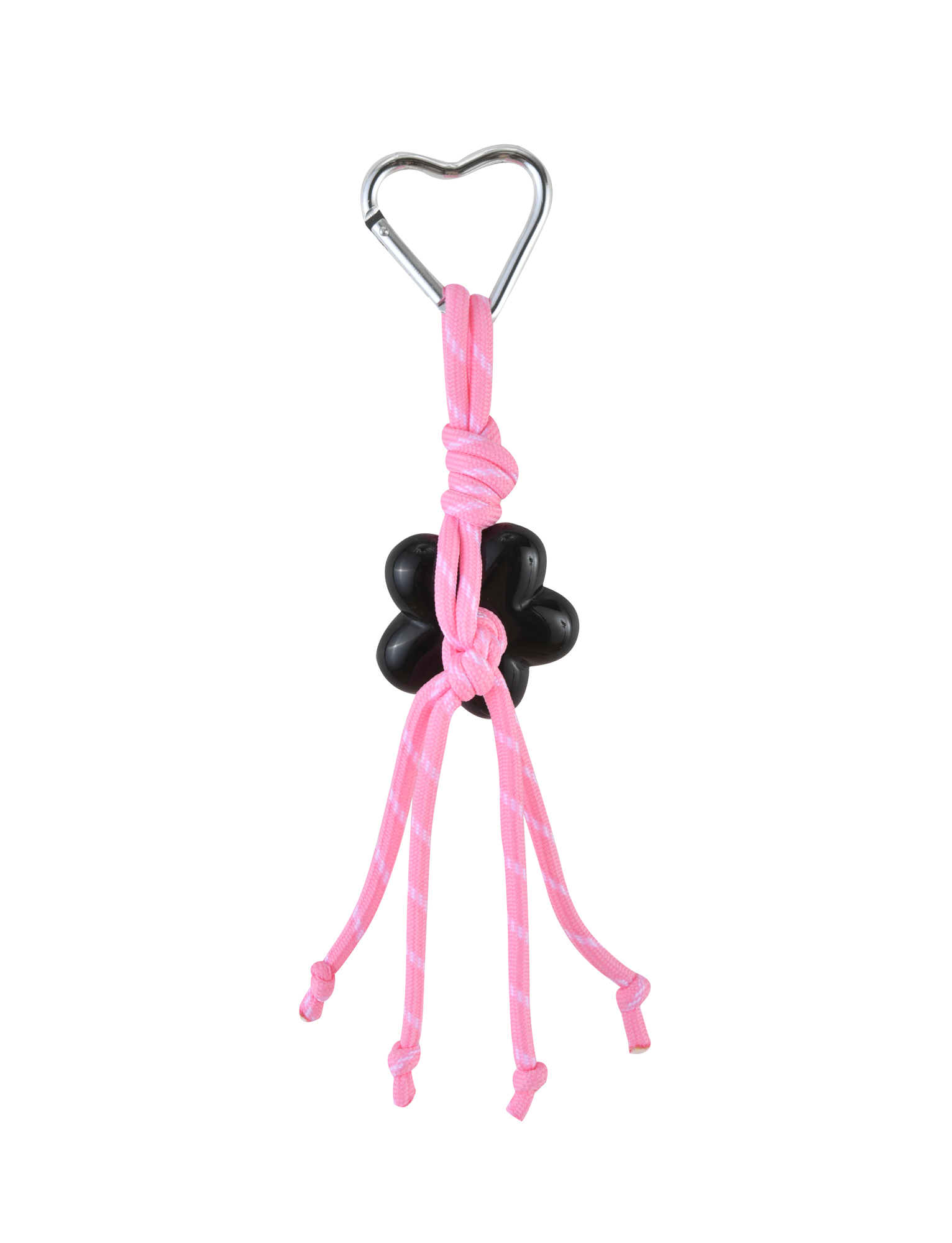 The TIGERMIST MIRIAM KEYCHAIN - HOT PINK features a heart-shaped metal ring, pink and white rope, and a central black flower charm, all displayed on a white background.