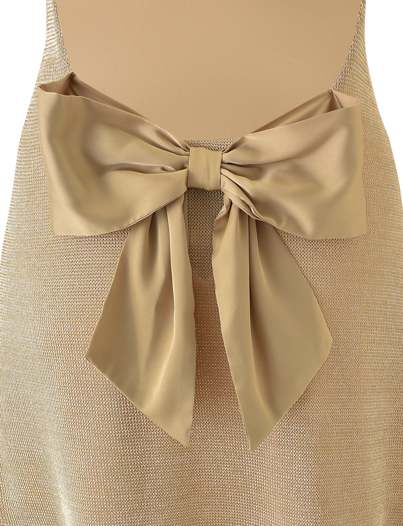 A close-up of the TIGERMIST ZITA MINI DRESS - GOLD, showcasing its shiny gold finish, large satin bow at the back, and mini length for a chic statement look.