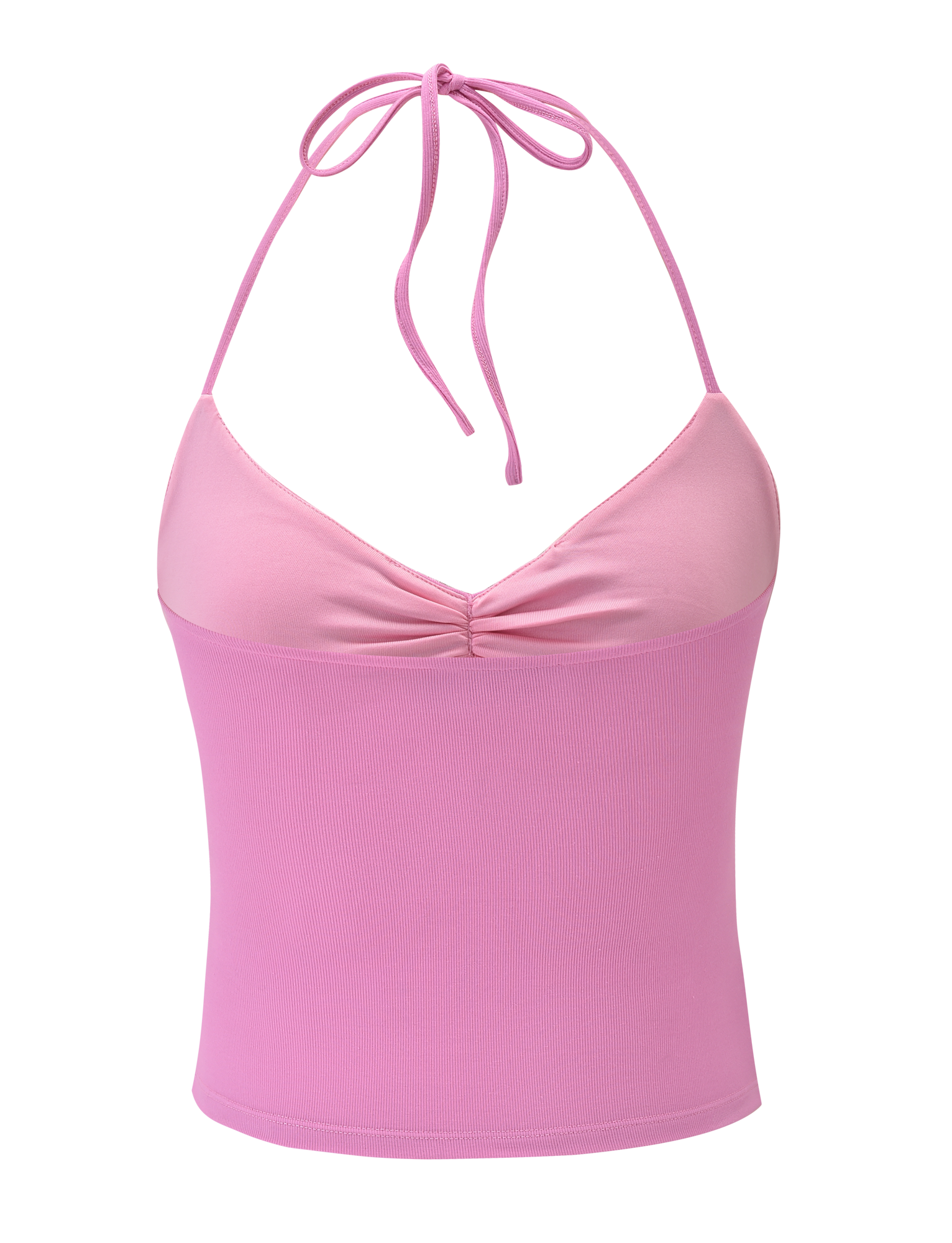 The CELESTINE TOP - PINK by TIGERMIST is a light pink halter neck crop top with ribbed fabric, ruched center detail, and adjustable neck tie, shown against a matching pink background.