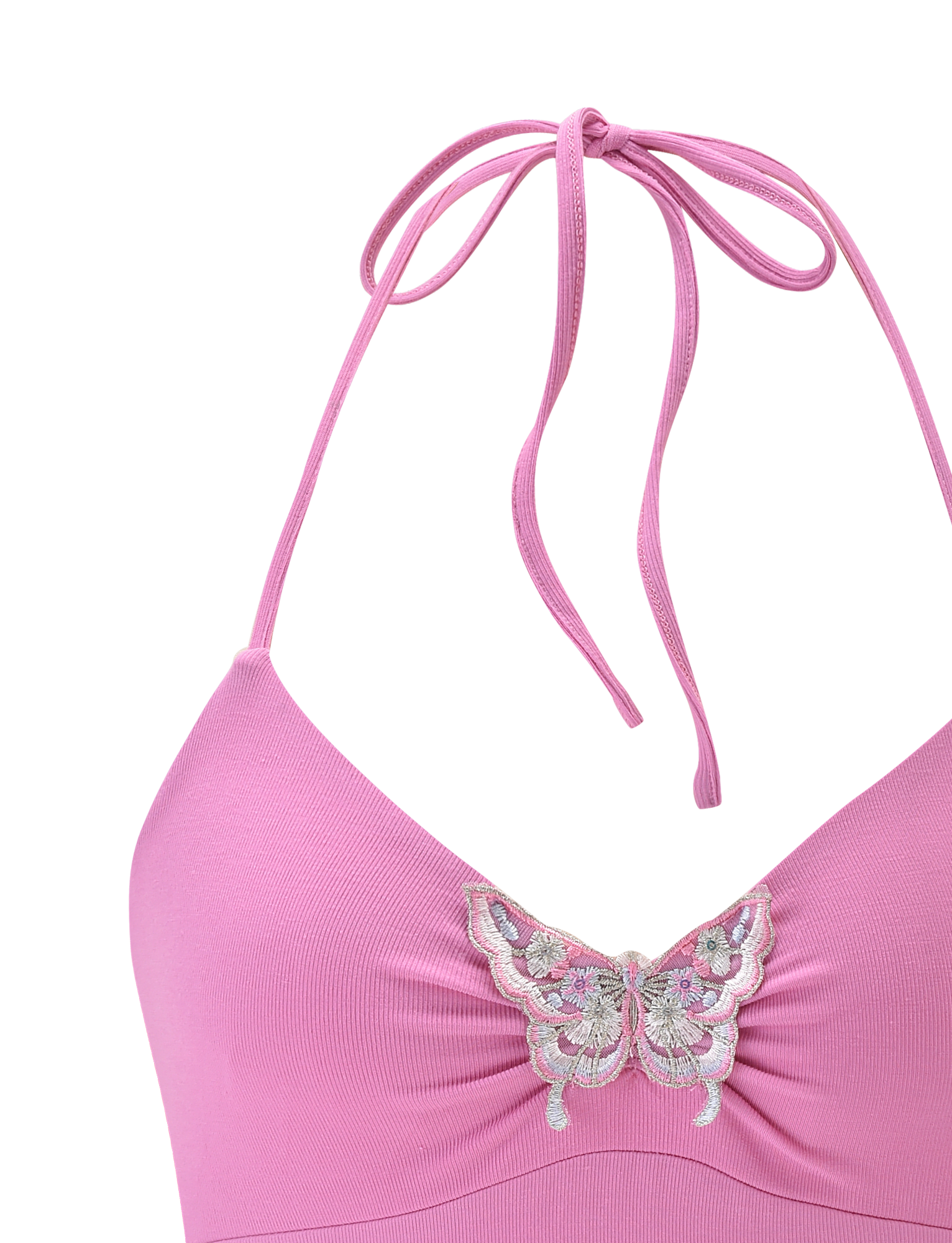 The CELESTINE TOP - PINK by TIGERMIST is a ribbed halter top with a neck tie and an embroidered butterfly at the center chest.