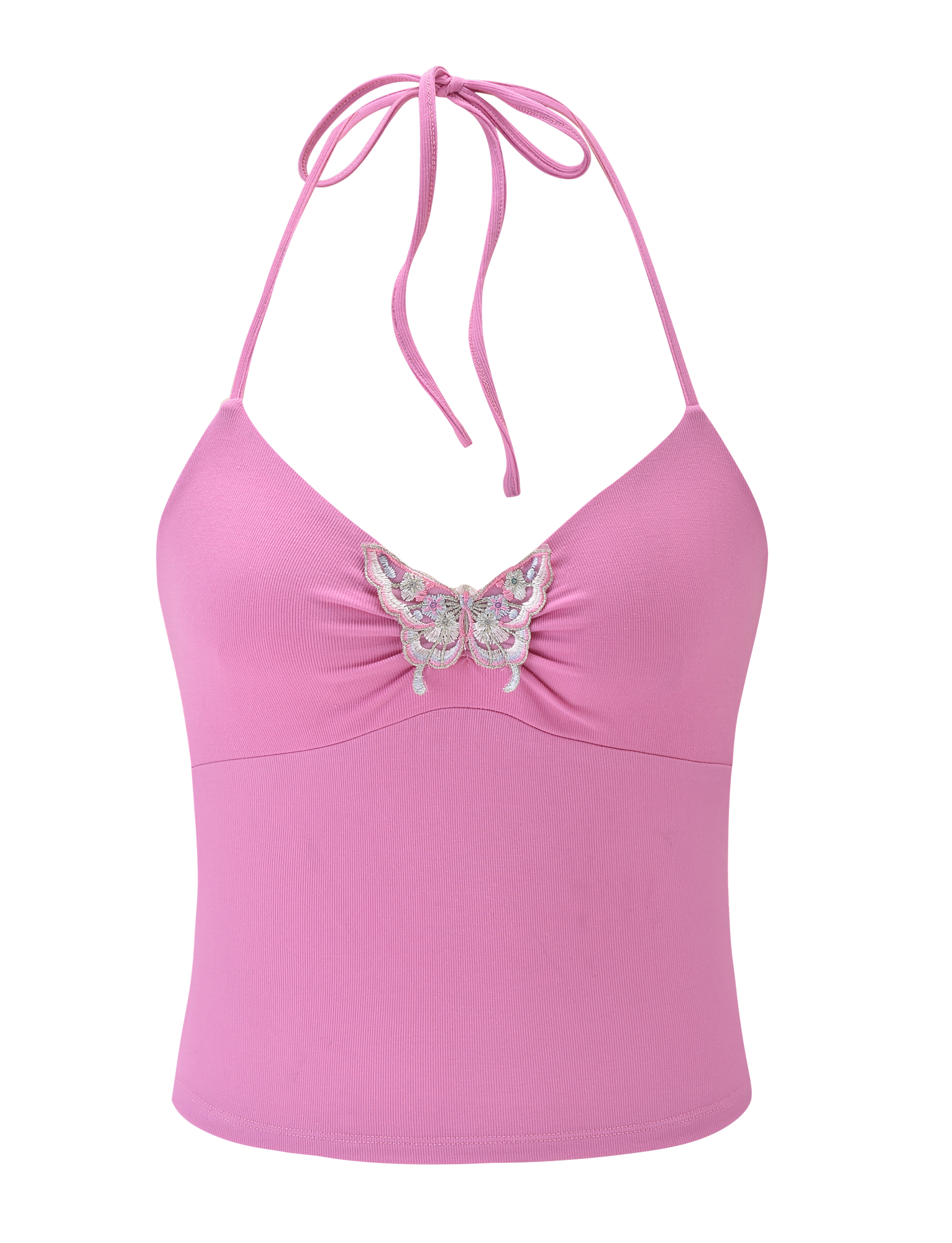 The TIGERMIST CELESTINE TOP - PINK is a ribbed halter top with a ruched front and decorative butterfly embroidery at the center chest.