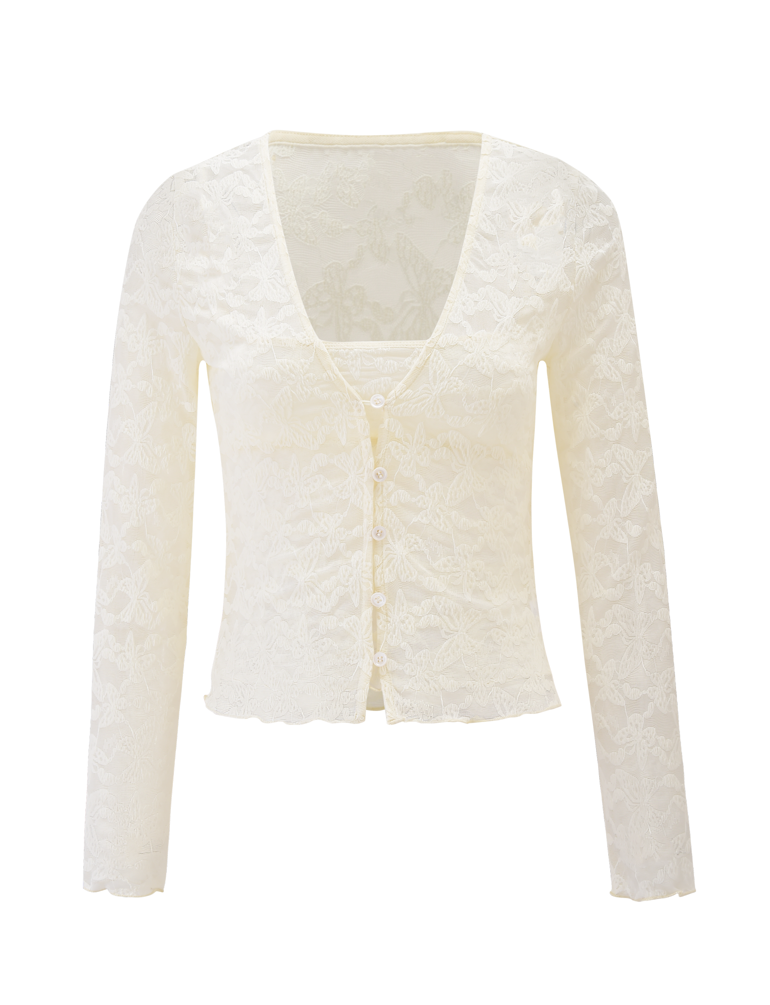 The TIGERMIST GIULIA 2PC TOP in ivory lace features sheer, long sleeves, a V-neck, front buttons, and a scalloped hem, showcased on a plain background.