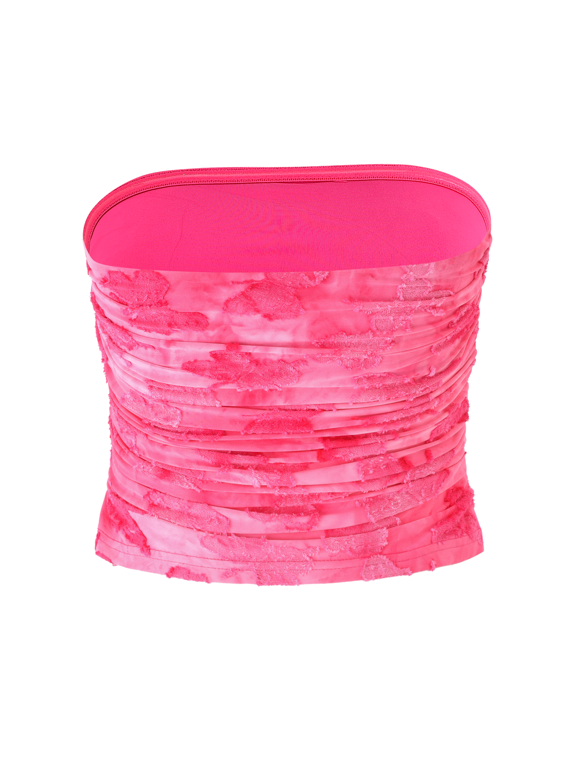 The PATRIZIA TOP - PINK BUTTERFLY by TIGERMIST is a strapless pink boob tube featuring a ruched, textured butterfly design in varying pink shades.