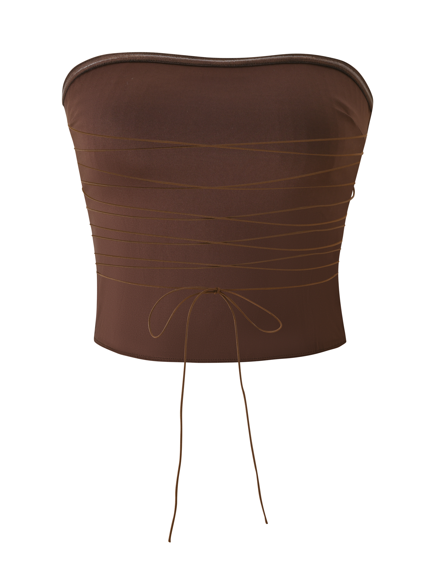 The TIGERMIST GWENDOLINE TOP - CHOCOLATE is a strapless, brown textured stripe top with thin long waist ties forming a front bow, shown on a plain white background.