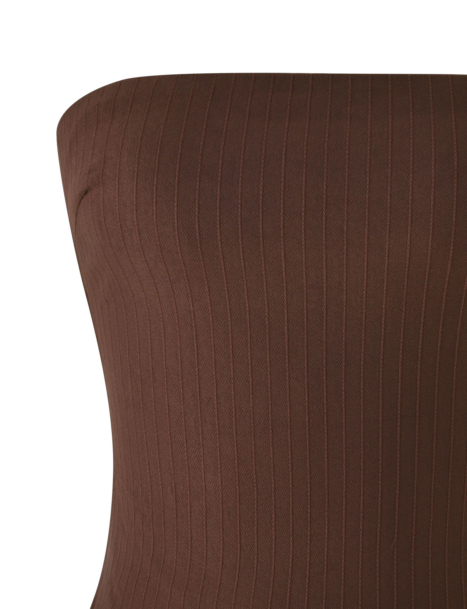 Close-up of the TIGERMIST GWENDOLINE TOP - CHOCOLATE, a brown ribbed strapless top with a textured stripe design, displayed against a plain white background.