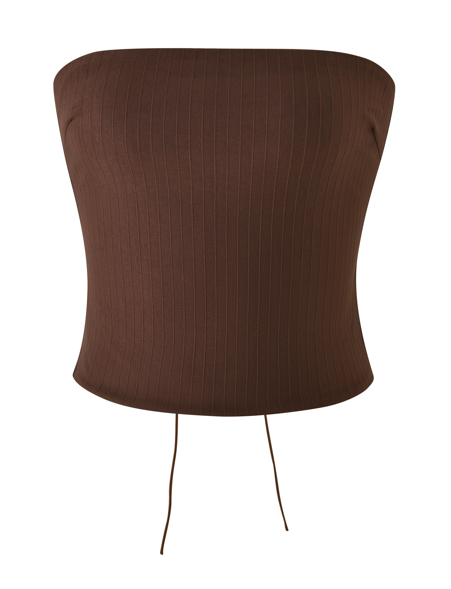 The TIGERMIST GWENDOLINE TOP - CHOCOLATE is a brown, ribbed strapless top with a fitted, textured stripe design, open back, and two thin strings hanging from the bottom hem, shown on a plain white background.