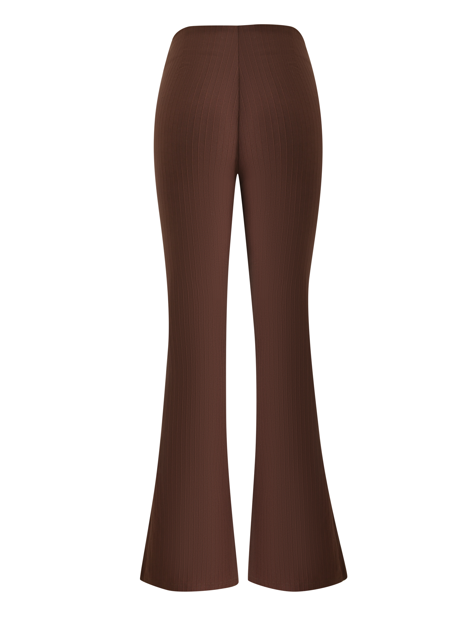 Back view of TIGERMIST GWENDOLINE PANT - CHOCOLATE, high-waisted ribbed knit flared leg pants, shown against a white background.