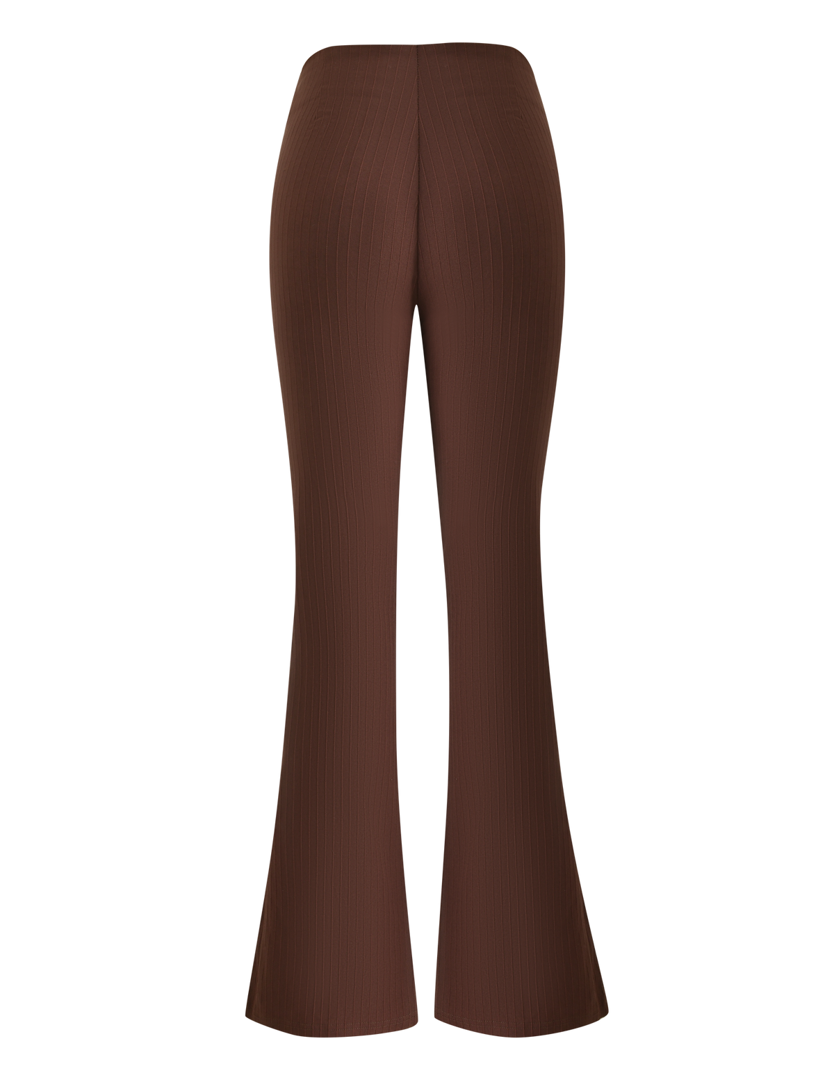 Back view of TIGERMIST GWENDOLINE PANT - CHOCOLATE, high-waisted ribbed knit flared leg pants, shown against a white background.
