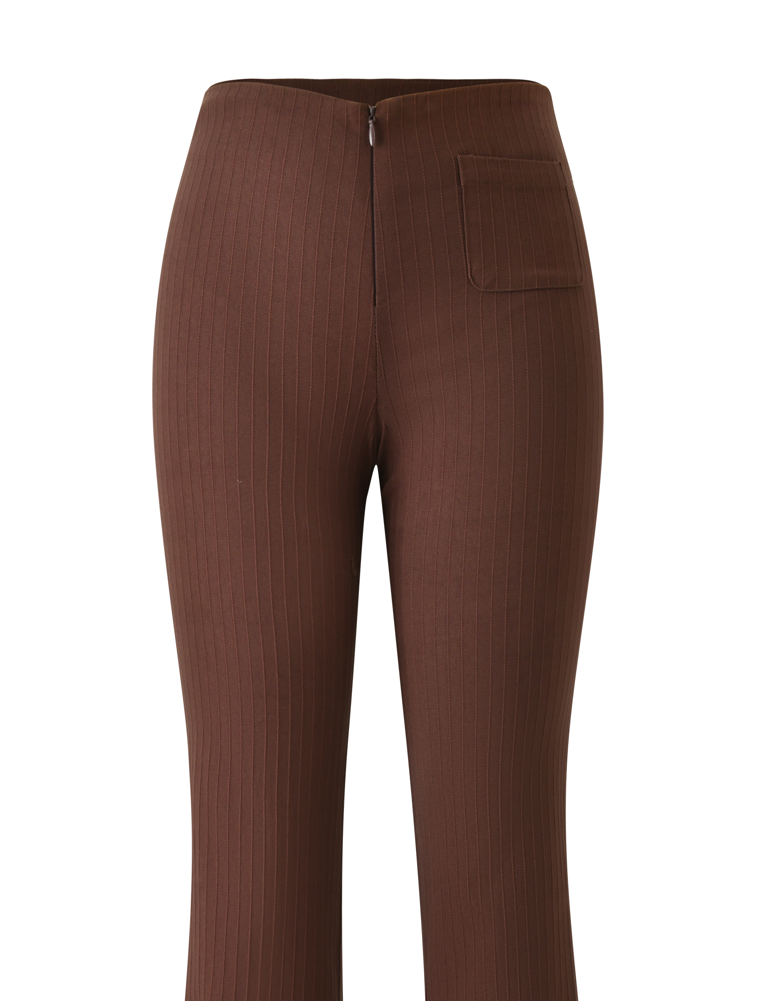 The GWENDOLINE PANT - CHOCOLATE by TIGERMIST features brown high-waisted, flared ribbed legs, a front zipper, and a single side patch pocket—offering a modern twist on classic suit pants, shown against a plain white background.