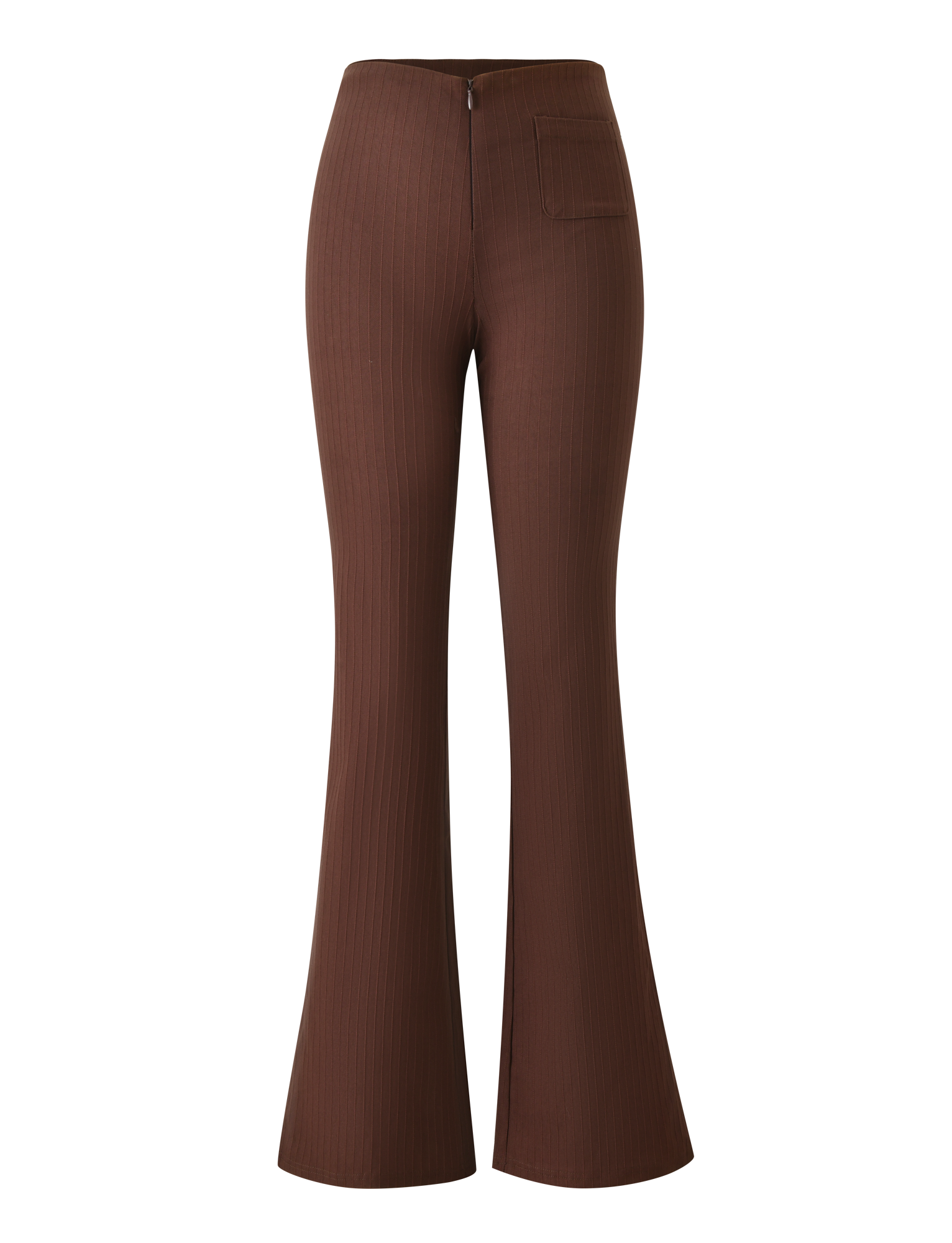 The TIGERMIST GWENDOLINE PANT - CHOCOLATE features a high waist, ribbed flared leg, front zipper, and a single right-side pocket, shown here against a white background.