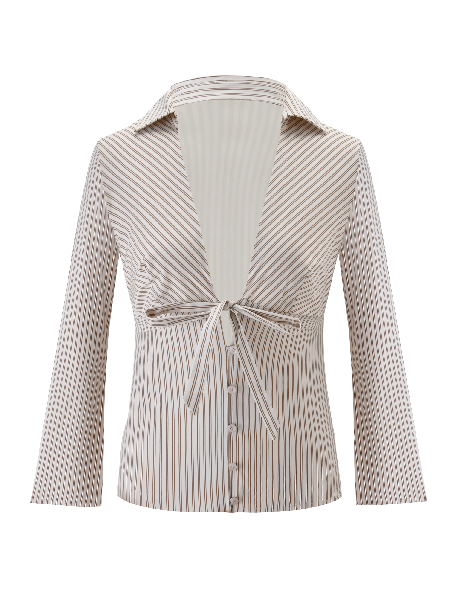 The SABRINE SHIRT by TIGERMIST is a women’s long-sleeve beige and white pinstripe shirt with a wide collar, deep V-neckline, tie-front detail, and button-down lower front.
