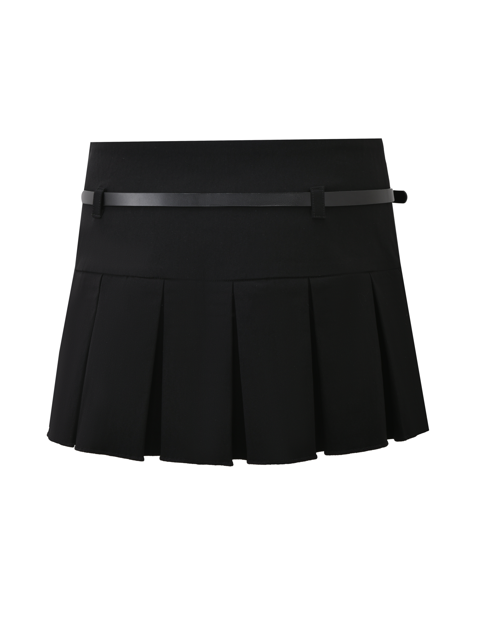 The TIGERMIST ANNELISE SKORT - BLACK is a pleated mini skirt with built-in shorts, a slim detachable belt, and belt loops, shown on a white background.