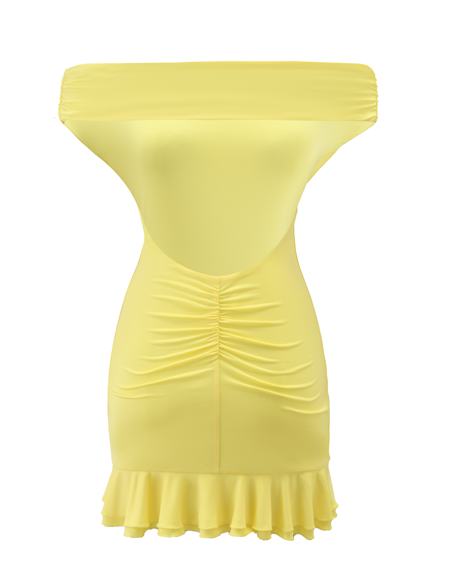 The TIGERMIST CLIA MINI DRESS - LEMON is an off-the-shoulder yellow mini dress with a ruched front, fitted silhouette, and double layer frill hemline, shown on a plain background without a mannequin.