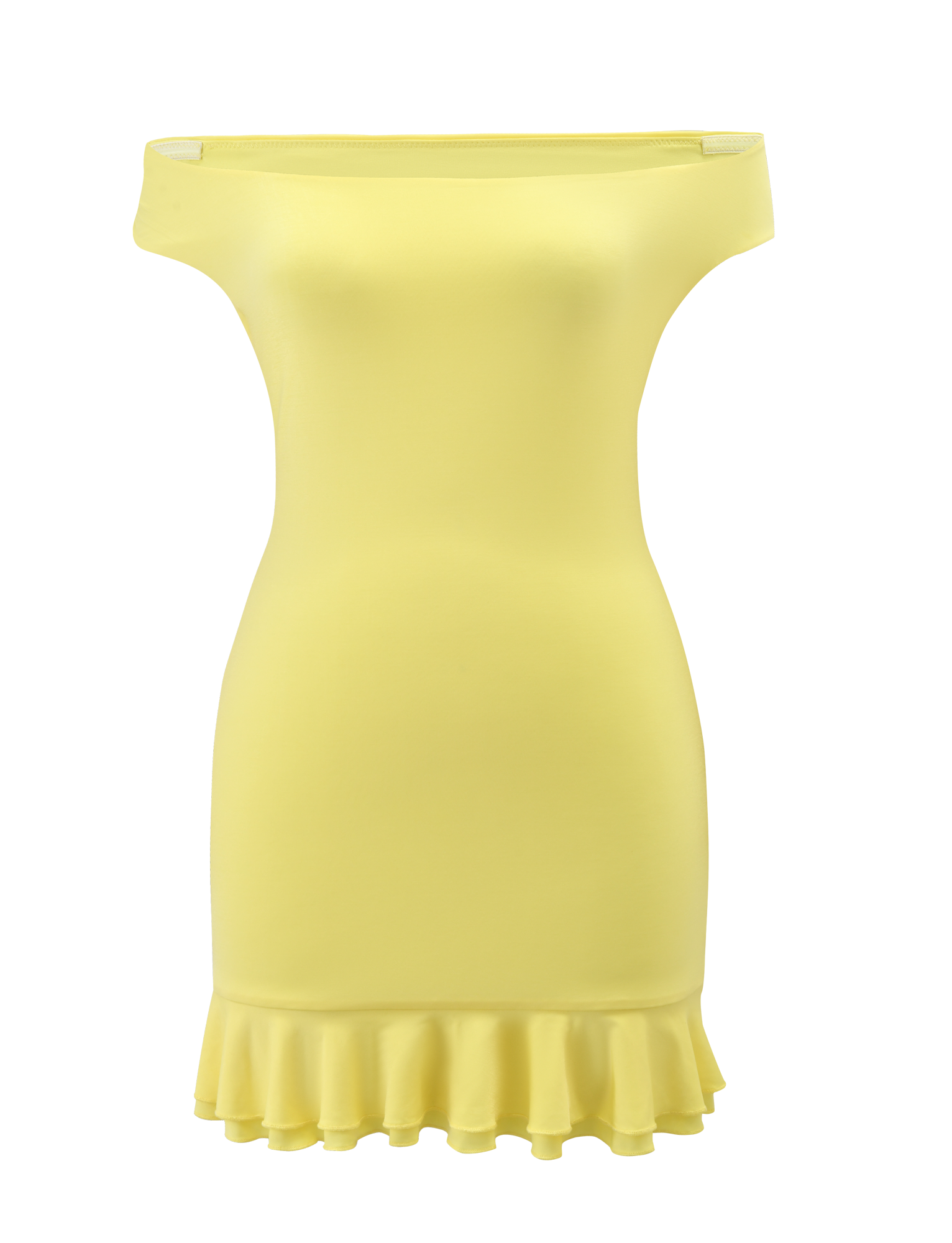 The TIGERMIST CLIA MINI DRESS - LEMON is a yellow, off-shoulder, sleeveless mini dress with a fitted bodycon silhouette and double layer frill hem, shown against a plain background.