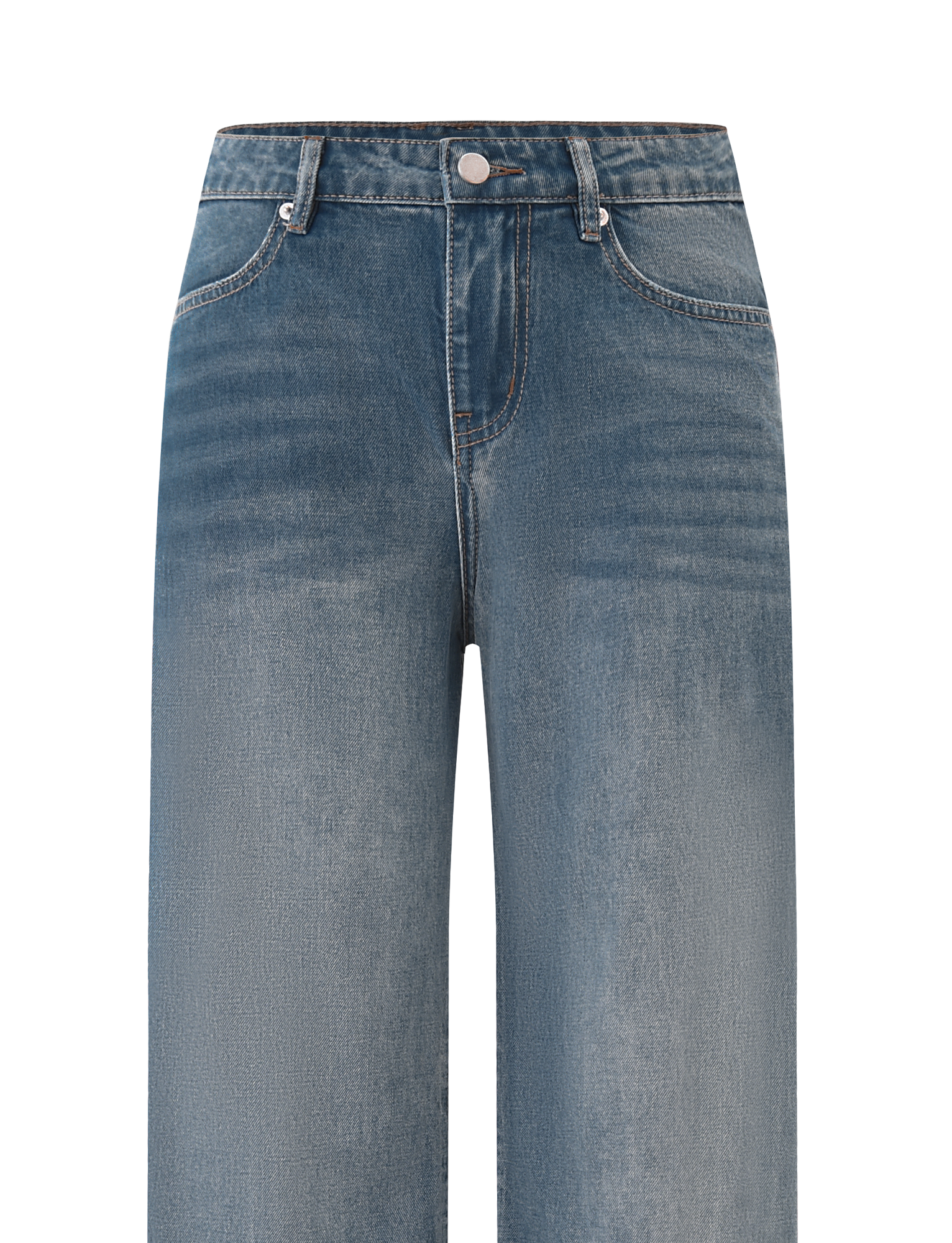 The ESTRELLA JEAN - MID WASH by TIGERMIST features high-waisted, wide-leg blue jeans with button and zipper closure, front pockets, and subtle thigh fading.