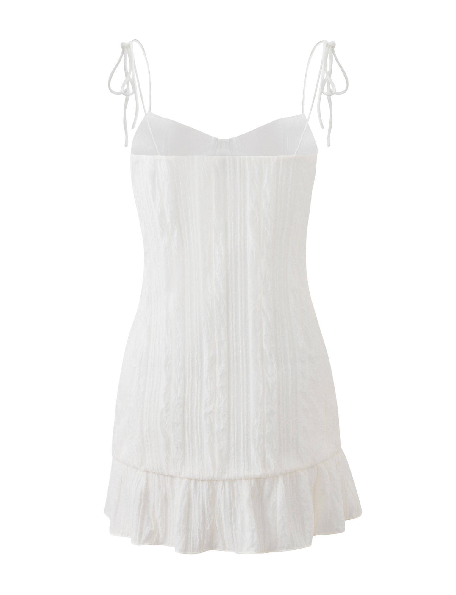 The RANIA MINI DRESS - OFF WHITE by TIGERMIST features tie shoulder straps, a frill hemline, and subtly textured fabric for a chic, feminine look.