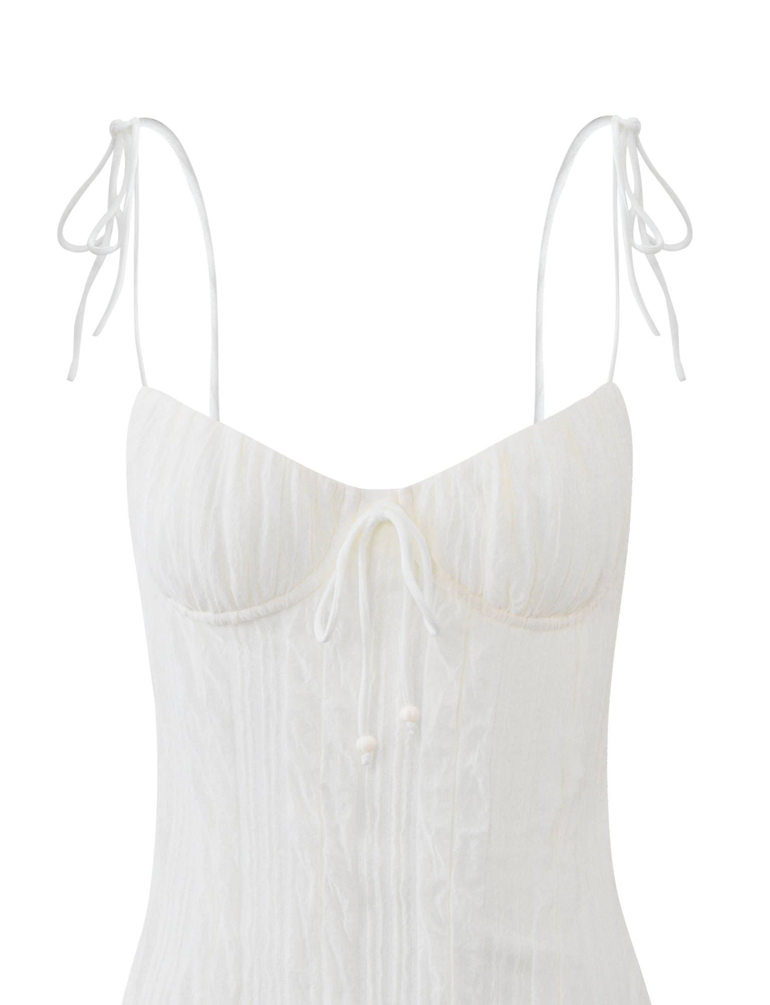 The TIGERMIST RANIA MINI DRESS in off white features a sleeveless design with a subtle textured pattern, tie shoulder straps, and a small bow accent at the center neckline.